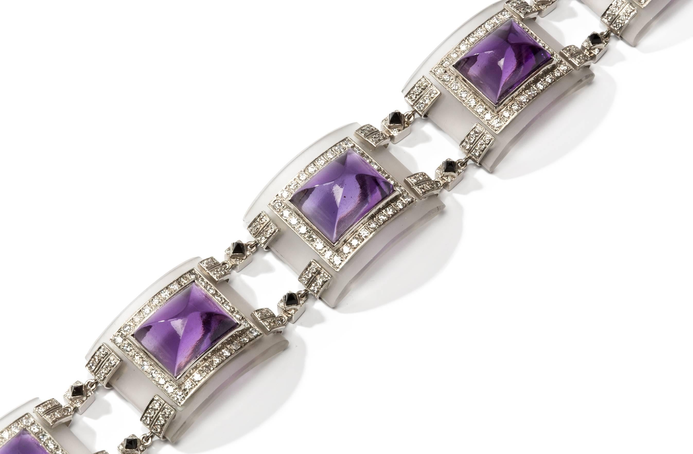 Art Deco Amethyst Diamond Rock Crystal Onyx Platinum Bracelet For Sale