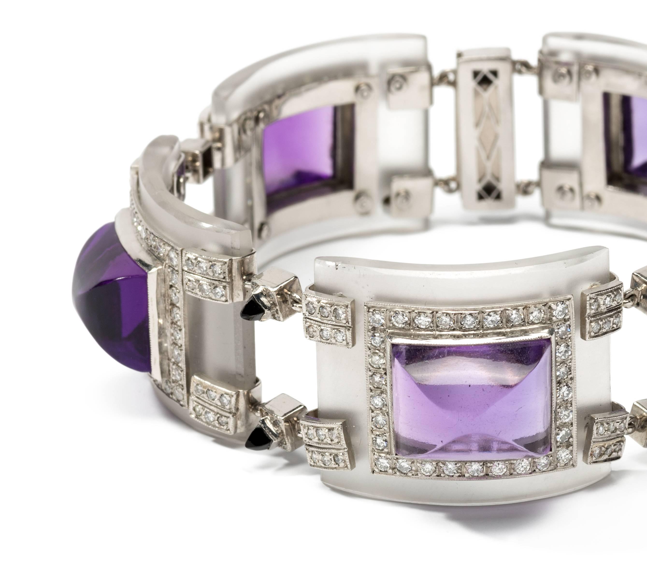 Sugarloaf Cabochon  Amethyst Diamond Rock Crystal Onyx Platinum Bracelet For Sale