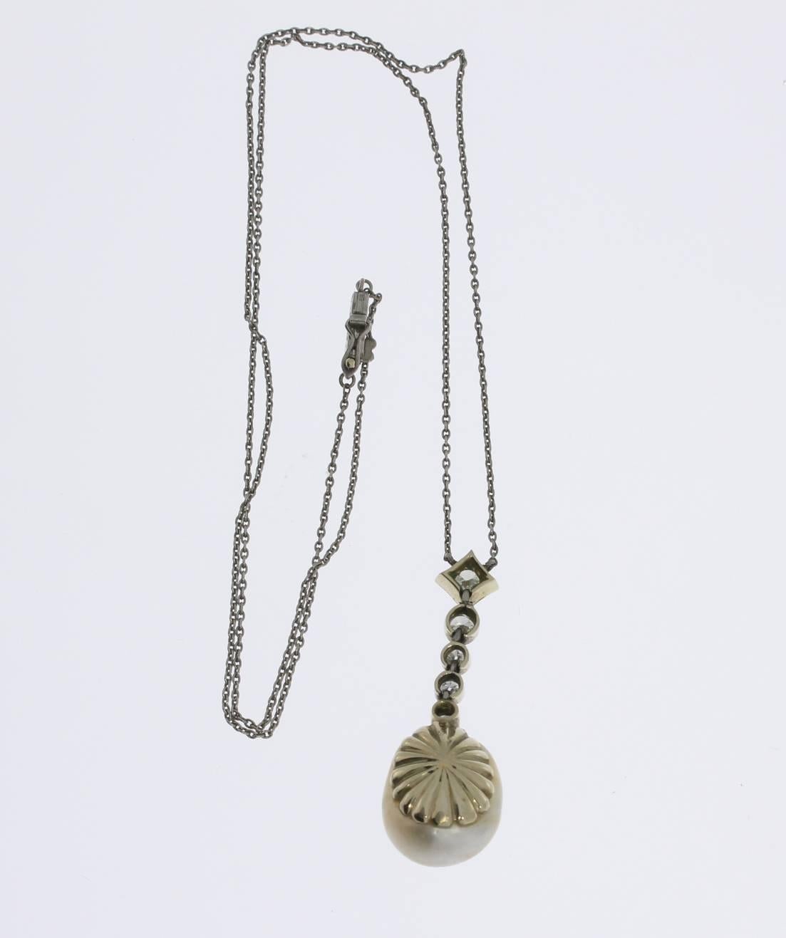 Brilliant Cut Art Deco Natural Pearl Diamond Necklace  For Sale