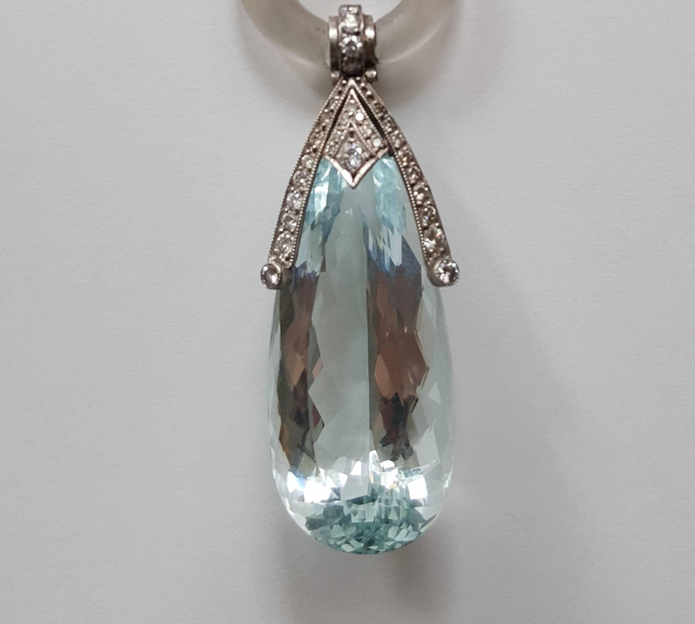 Brilliant Cut Aquamarine Diamond and Rock Crystal Pendant with Chain For Sale