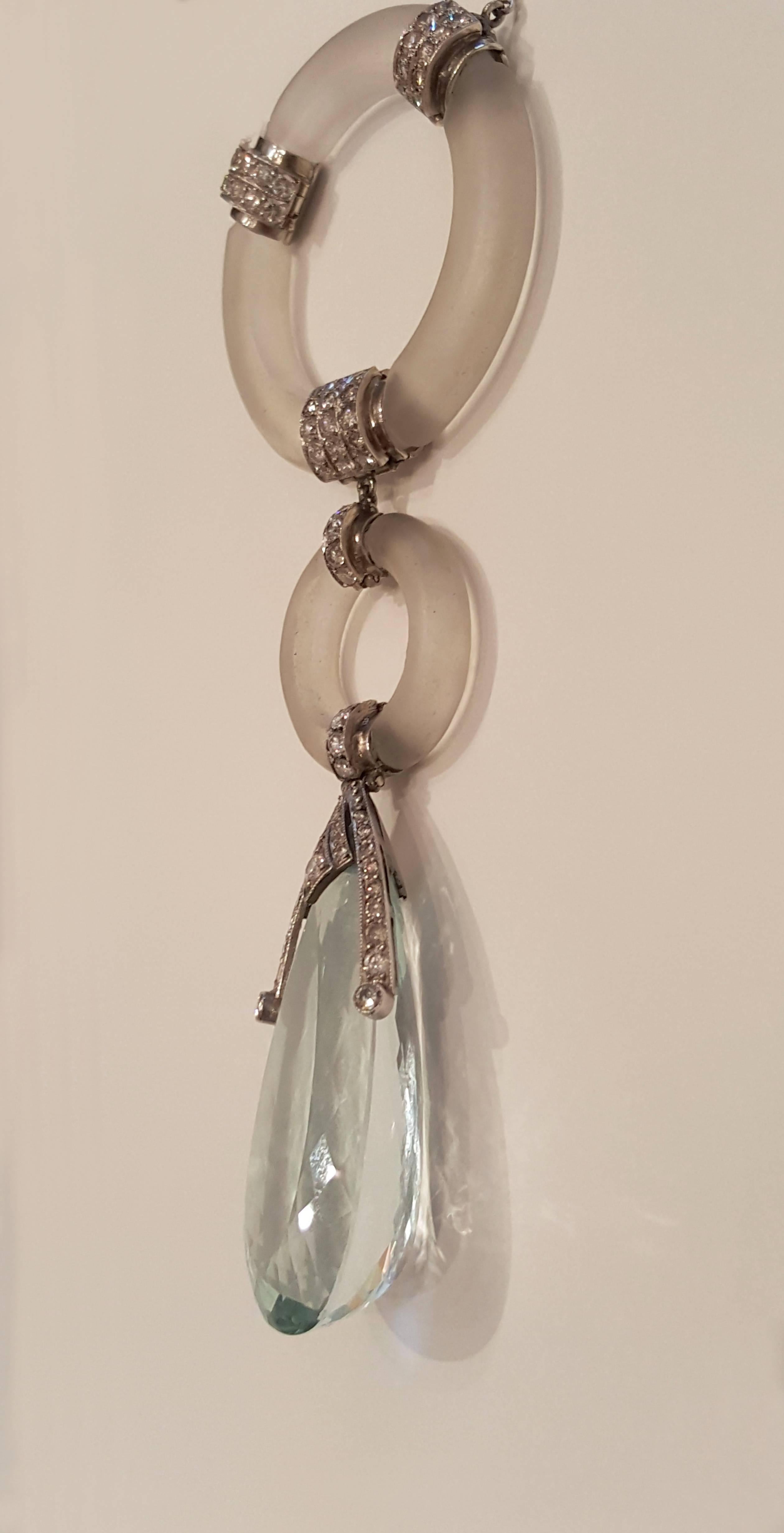 Aquamarine Diamond and Rock Crystal Pendant with Chain For Sale 1
