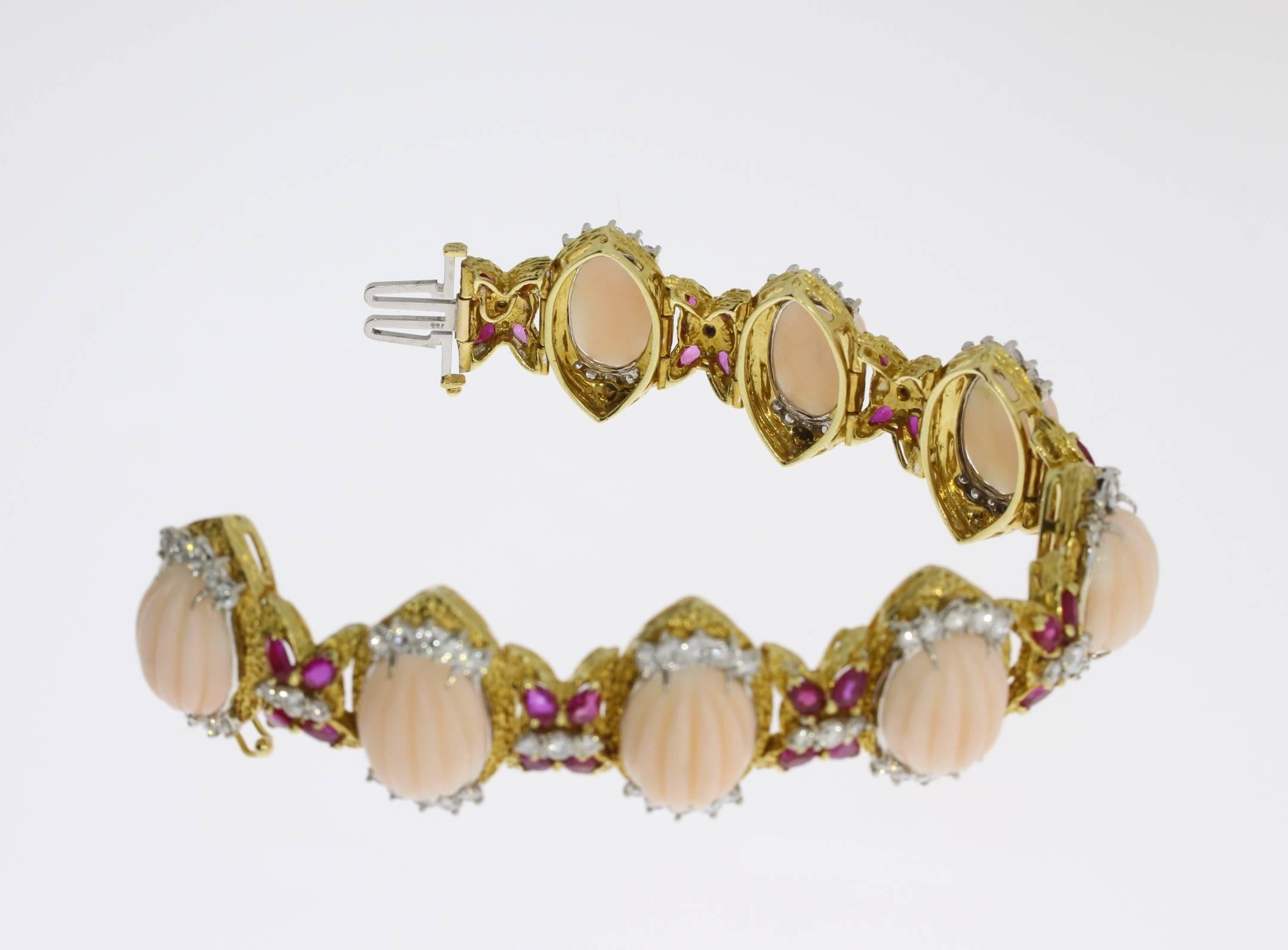 Cabochon Coral Ruby and Diamond Gold Bracelet For Sale