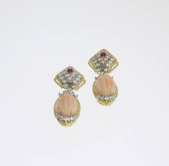 Coral, Diamond and Ruby Gold Earrings