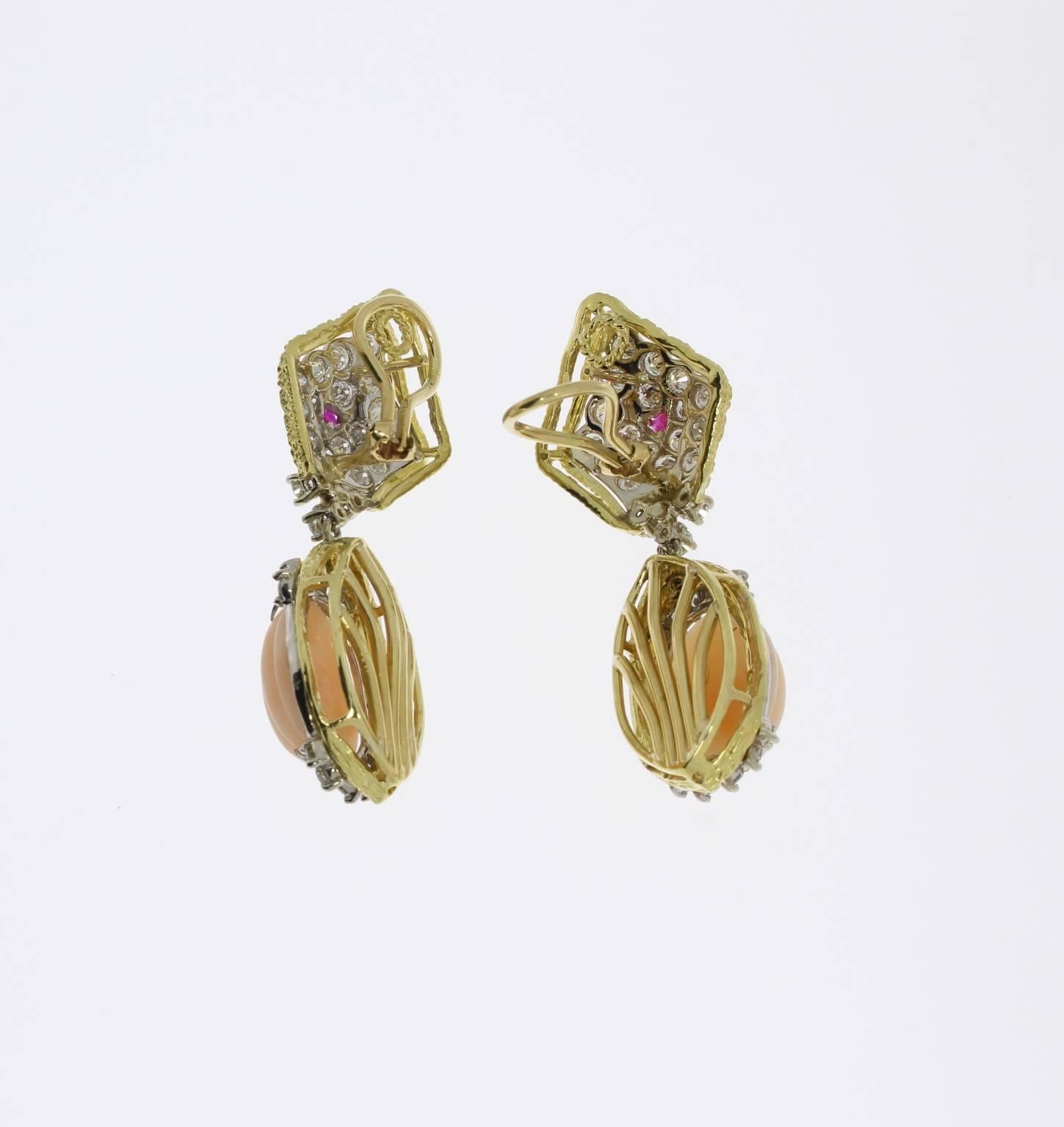 Cabochon Coral, Diamond and Ruby Gold Earrings For Sale