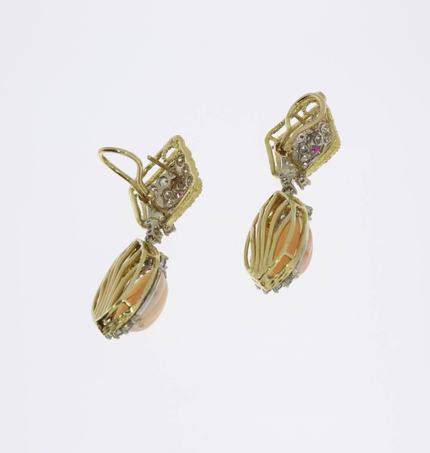 Women's Coral, Diamond and Ruby Gold Earrings For Sale