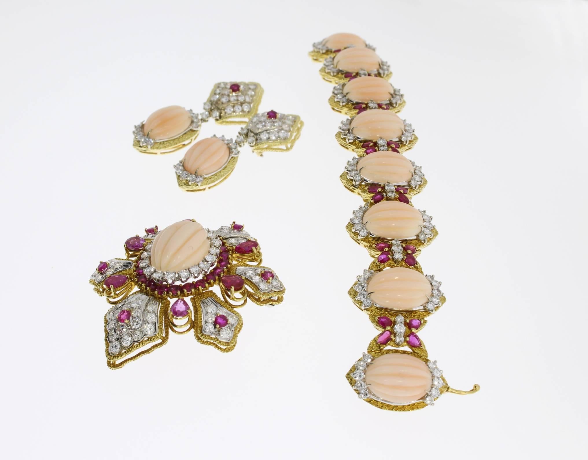 Coral, Diamond and Ruby Gold Earrings For Sale 1