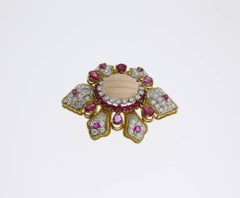 Coral Diamond and Ruby Gold Brooch/Pendant