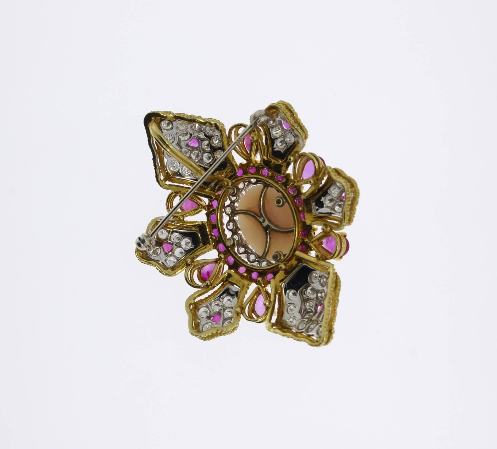 Cabochon Coral Diamond and Ruby Gold Brooch/Pendant For Sale