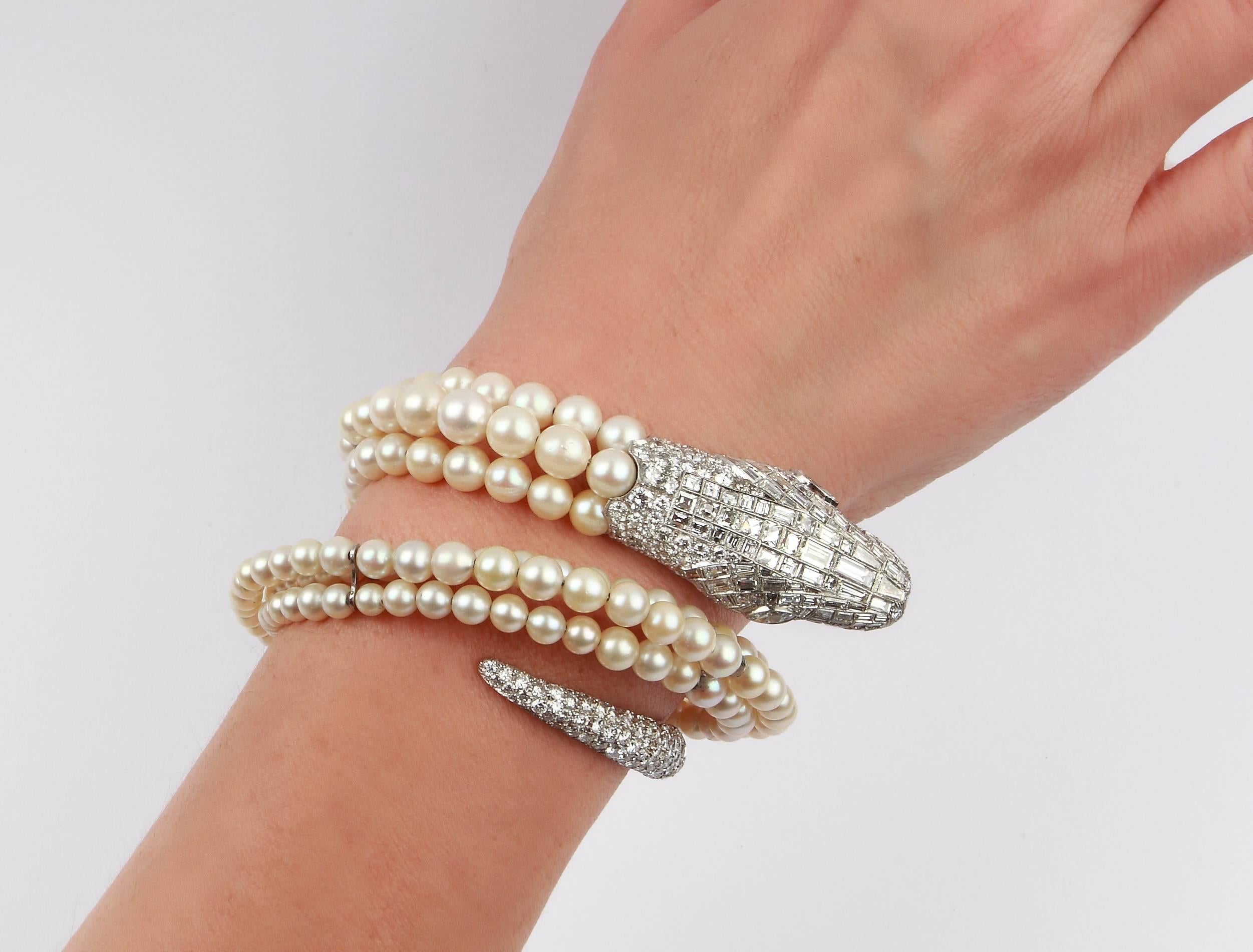 Baguette Cut Diamonds and Pearls Platinum Snake Bangle, 1930 For Sale