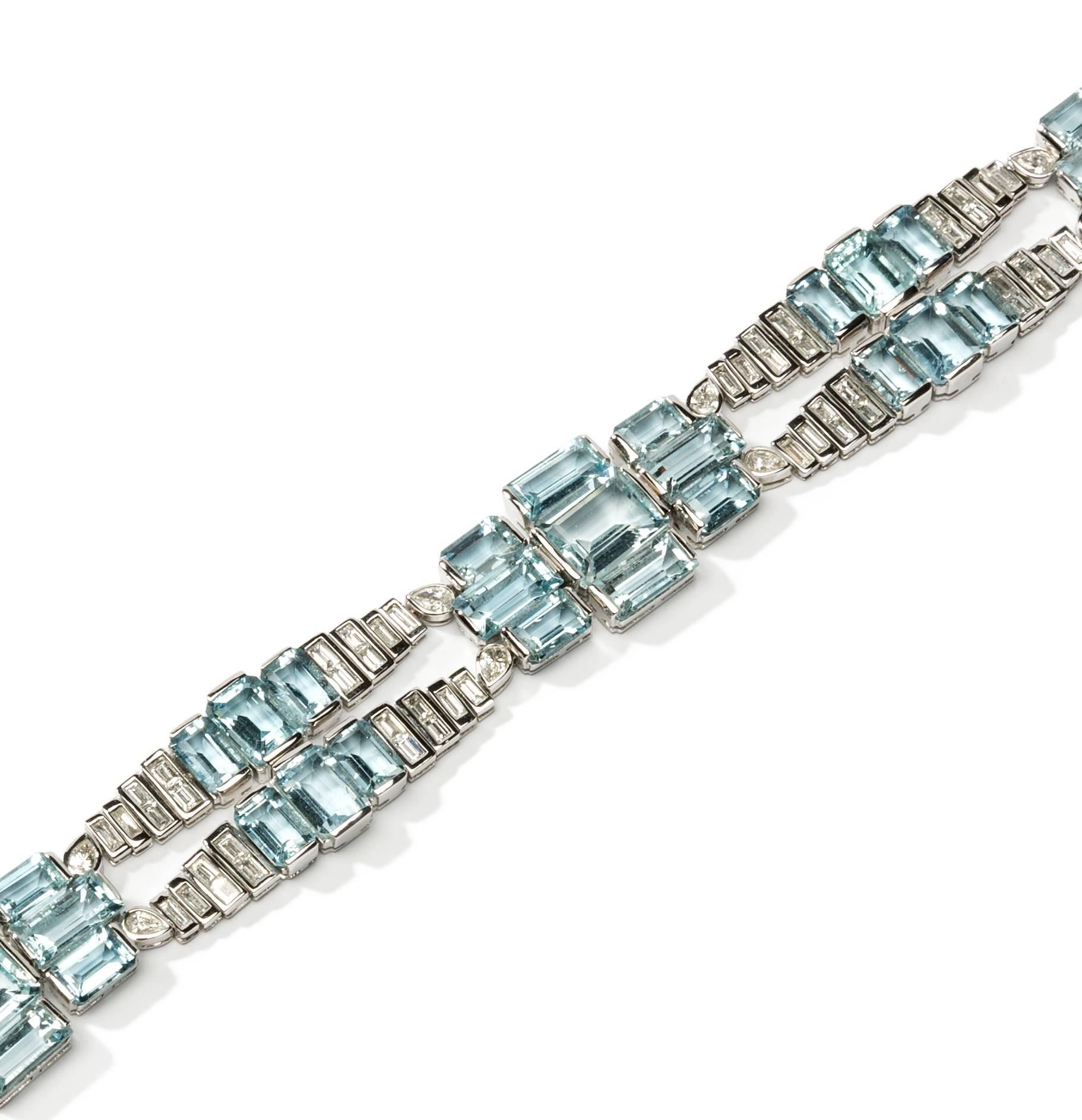 Emerald Cut Aquamarine Diamond White Gold Bracelet, circa 1965
