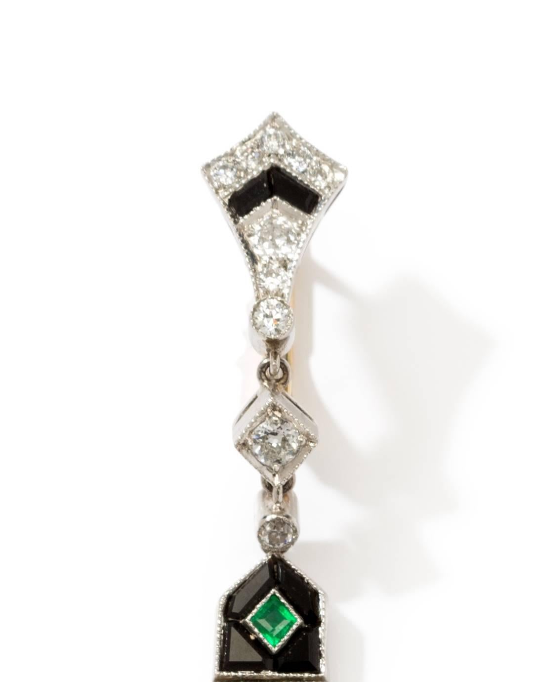Art Deco Onyx Emerald Diamond Dangle Earrings