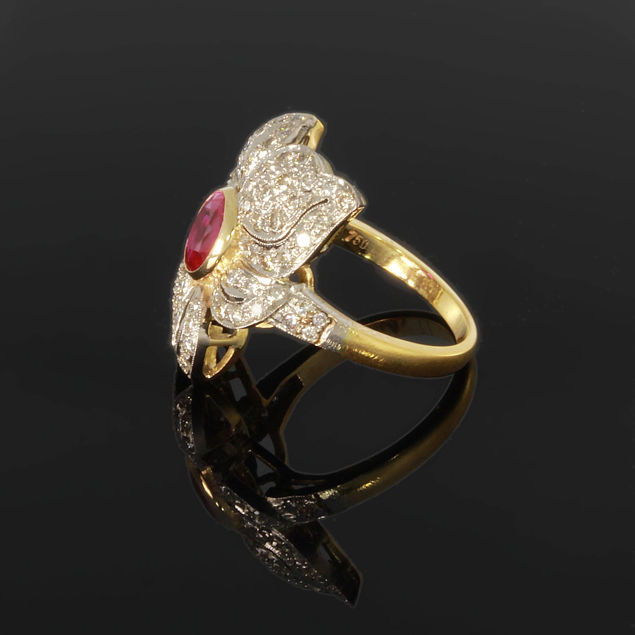 Ruby and Diamond Gold Flower Cocktail Ring In Excellent Condition In Berlin, DE