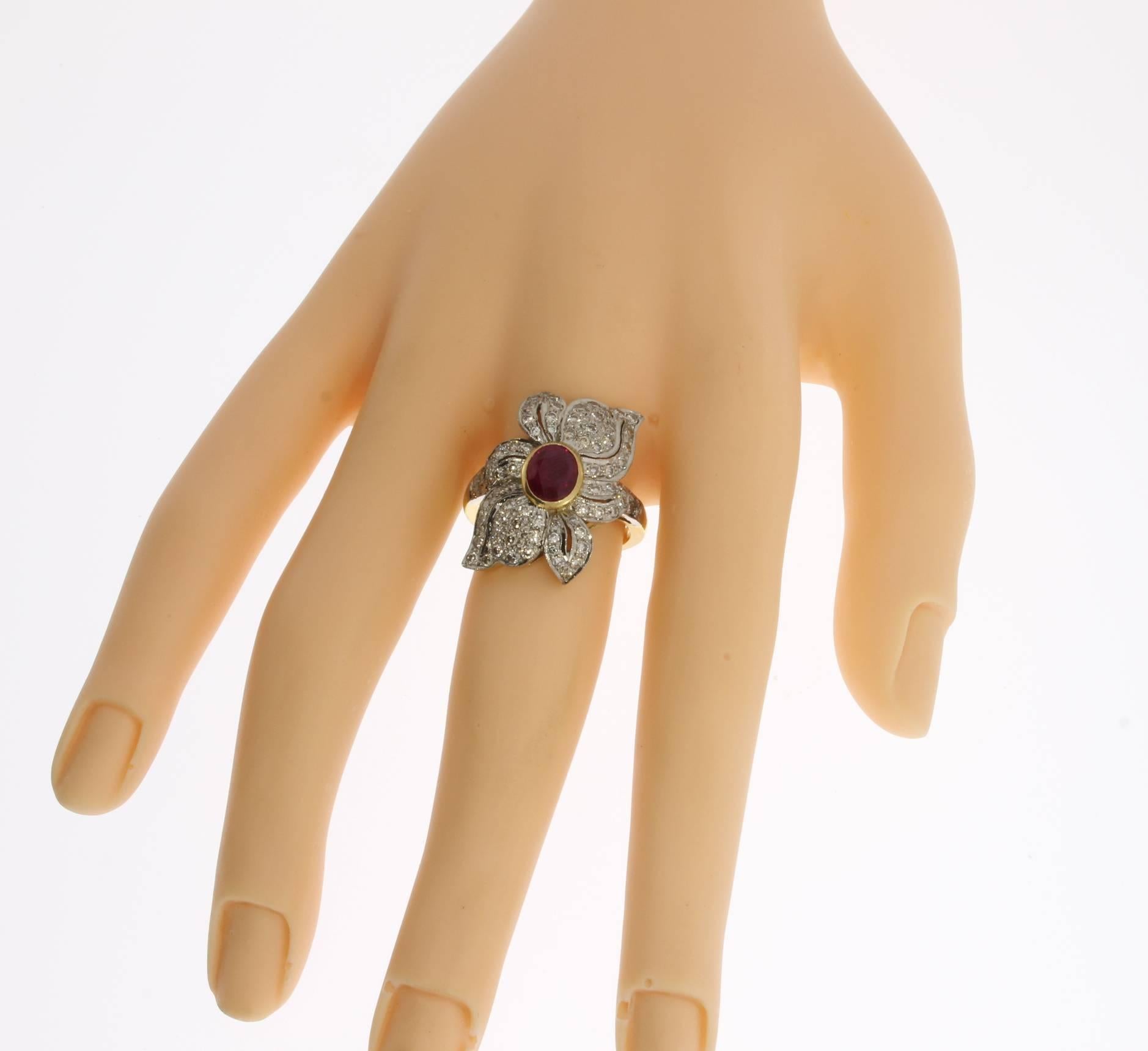 Ruby and Diamond Gold Flower Cocktail Ring 2
