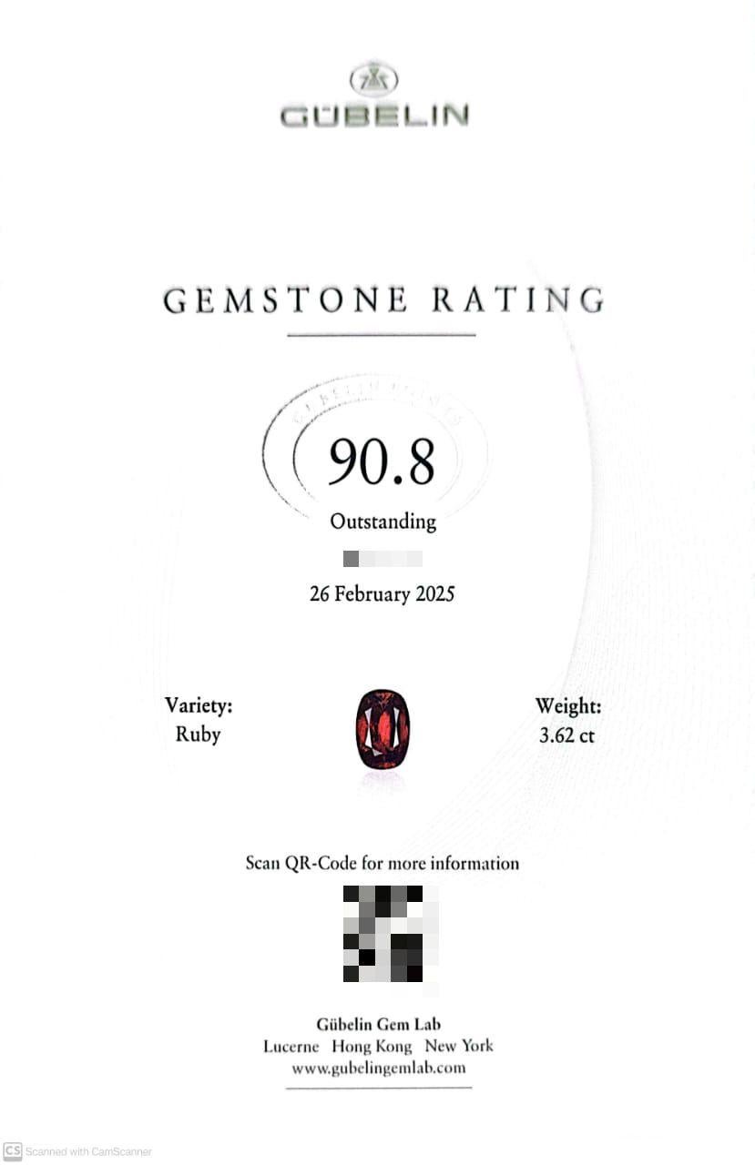 Taille coussin Gübelin Certified 3.62 ct Ruby - Note exceptionnelle de 90.8 en vente