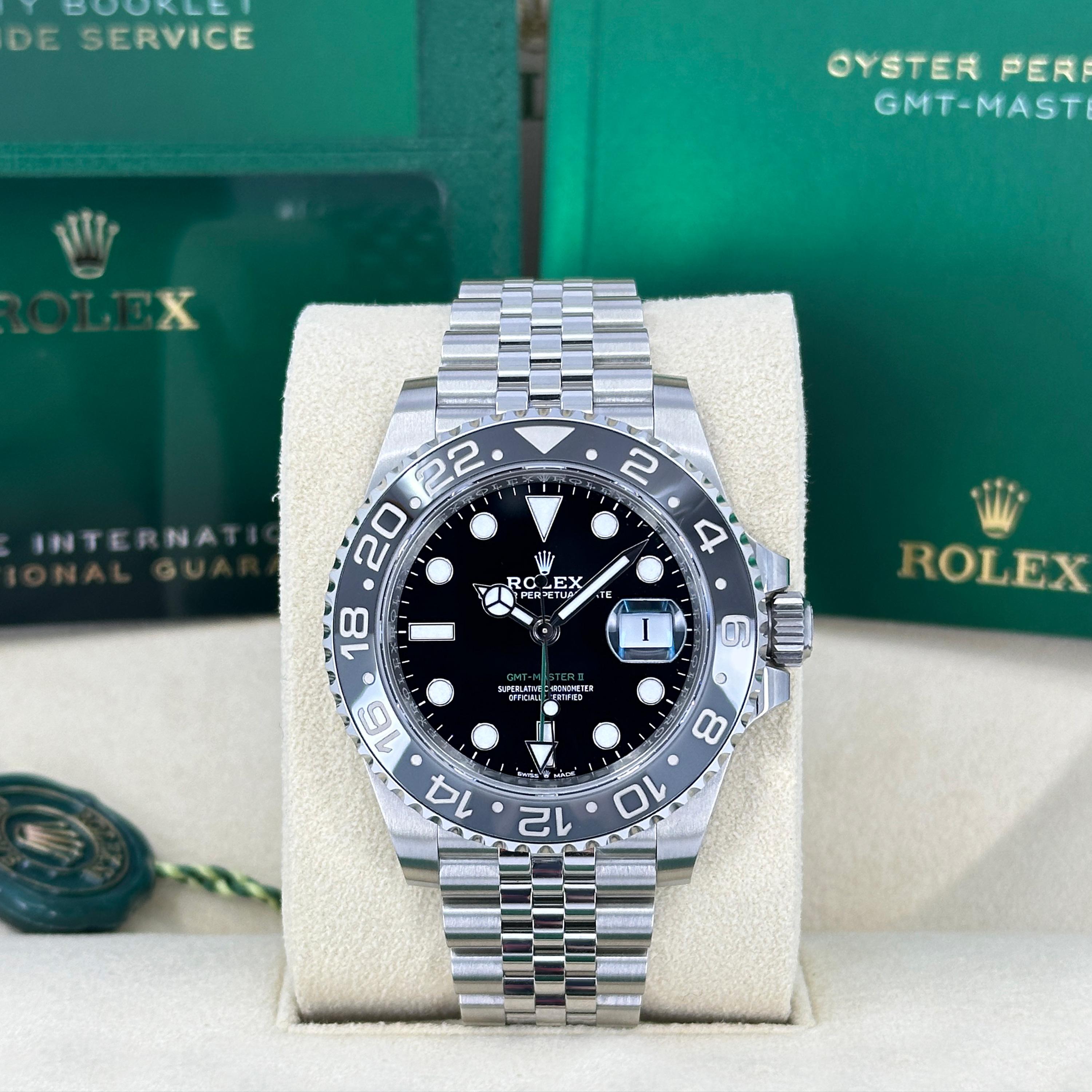 Rolex GMT-Master II 126710GRNR – “Bruce Wayne” Steel GMT with Black & Grey Bezel

The Rolex GMT-Master II 126710GRNR introduces a sleek, modern aesthetic to the brand’s iconic dual-timezone line. Nicknamed the “Bruce Wayne” by collectors, this model