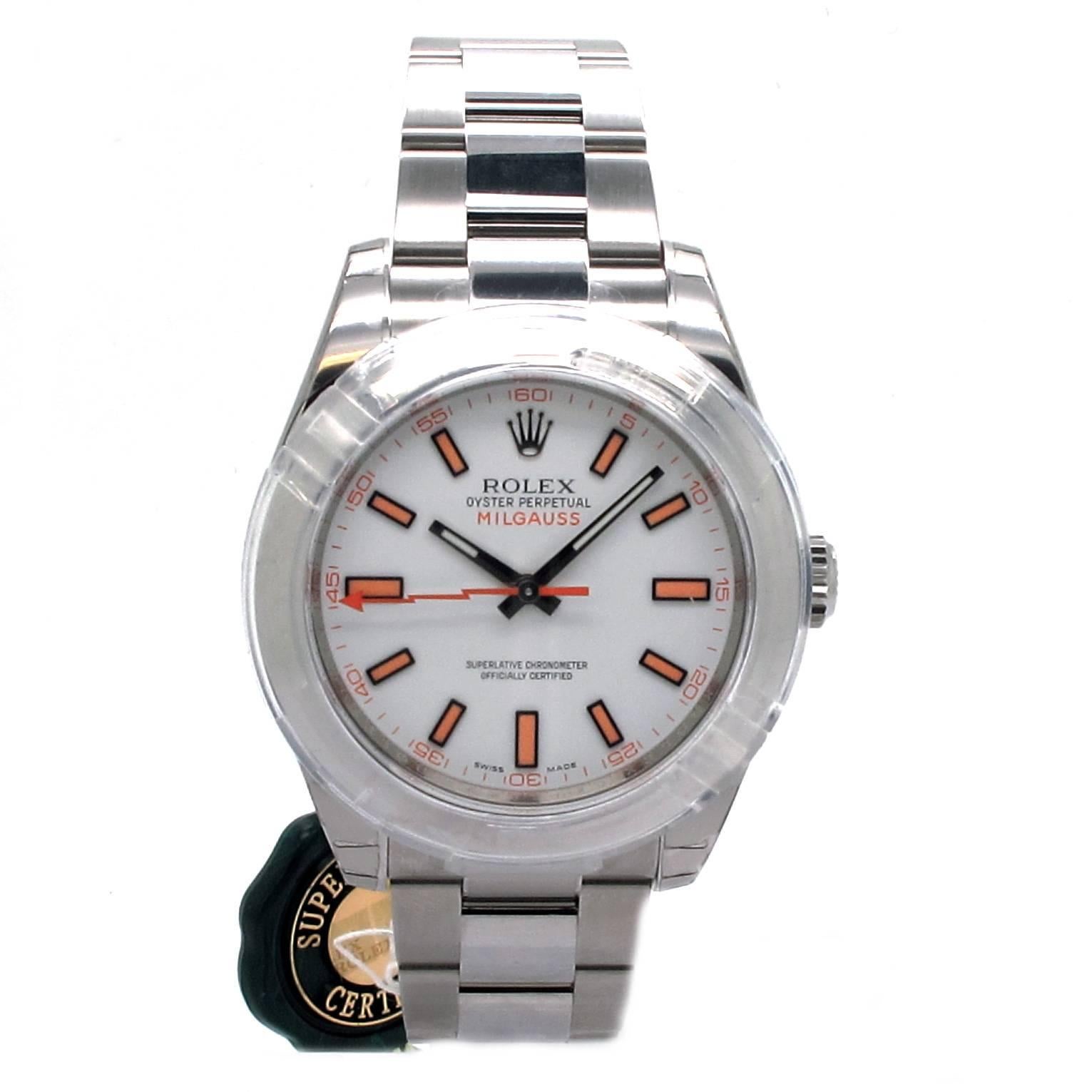 Rolex Stainless Steel Milgauss White Dial Automatic Wristwatch Ref 114600  For Sale