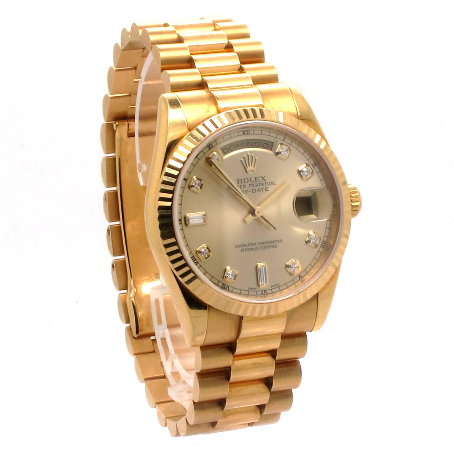 Contemporary Rolex Day-Date Original Diamond Dial Presidential Automatic Wristwatch For Sale