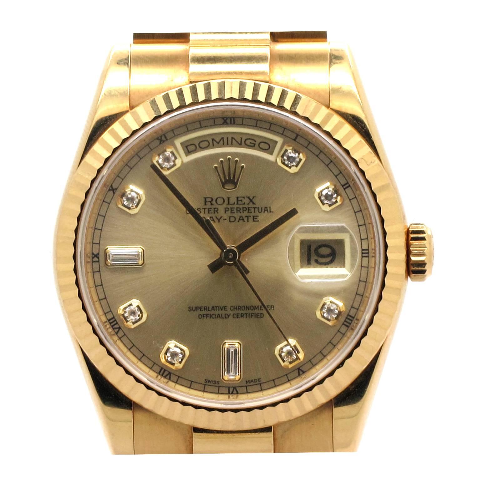 Rolex Day-Date Original Diamond Dial Presidential Automatic Wristwatch In Excellent Condition For Sale In New York, NY