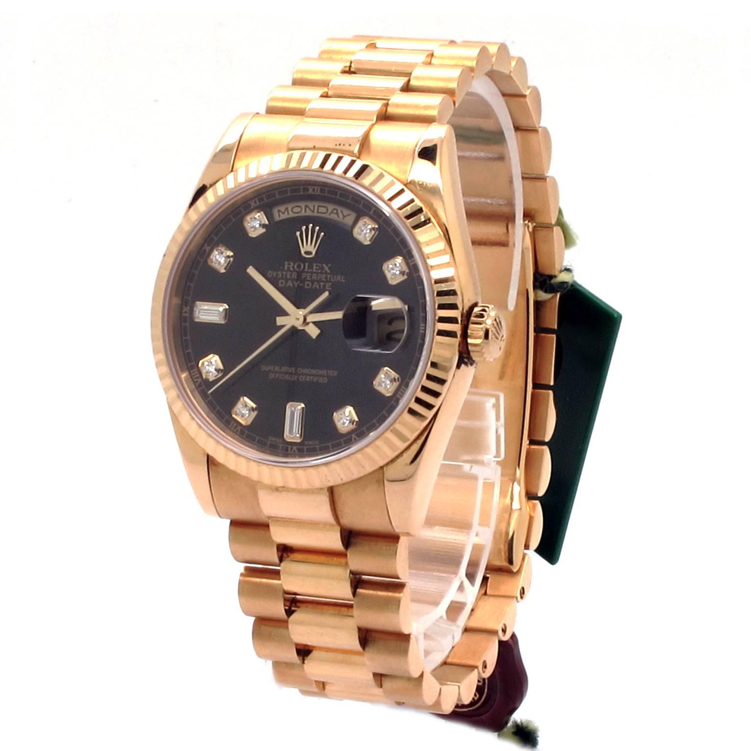 Rolex Day-Date 118238 original black Diamond dial 18K Gold Presidential Men's Watch. 18K Yellow Gold Case. Black dial with Original Diamond hour markers. 18K Yellow Gold Presidential 