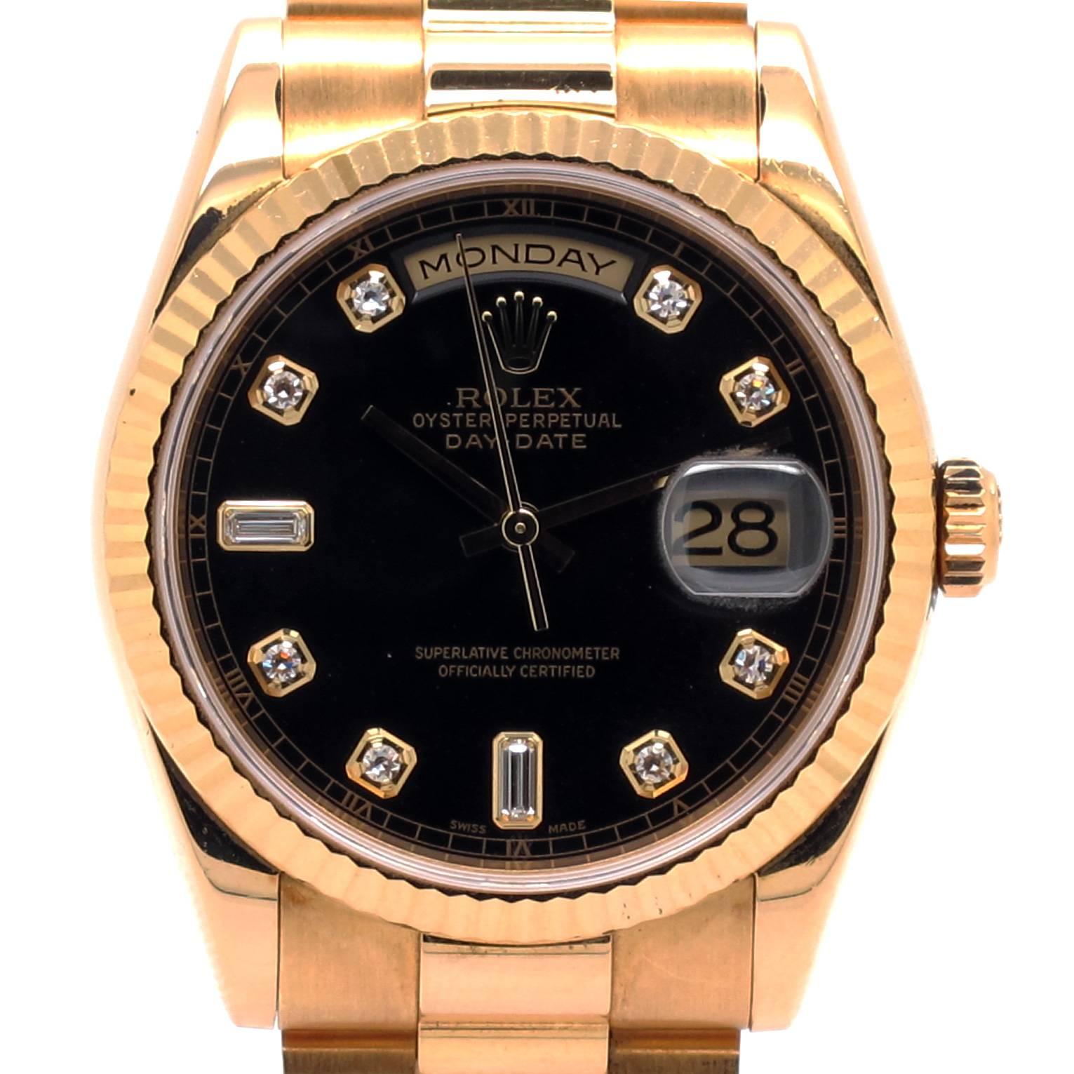Modern Rolex Yellow Gold Day-Date Original Black Diamond Presidential Wristwatch For Sale
