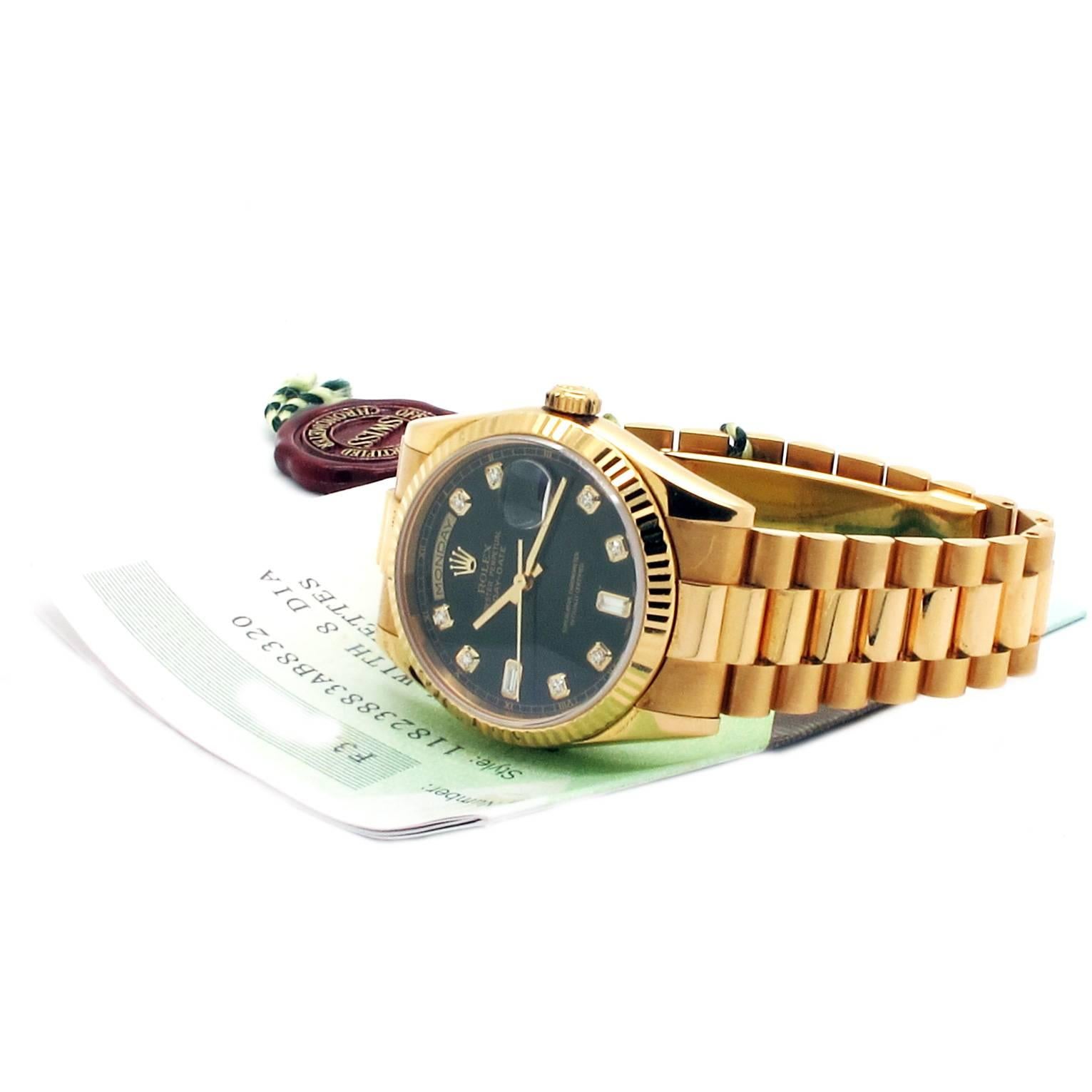 Rolex Yellow Gold Day-Date Original Black Diamond Presidential Wristwatch For Sale 3