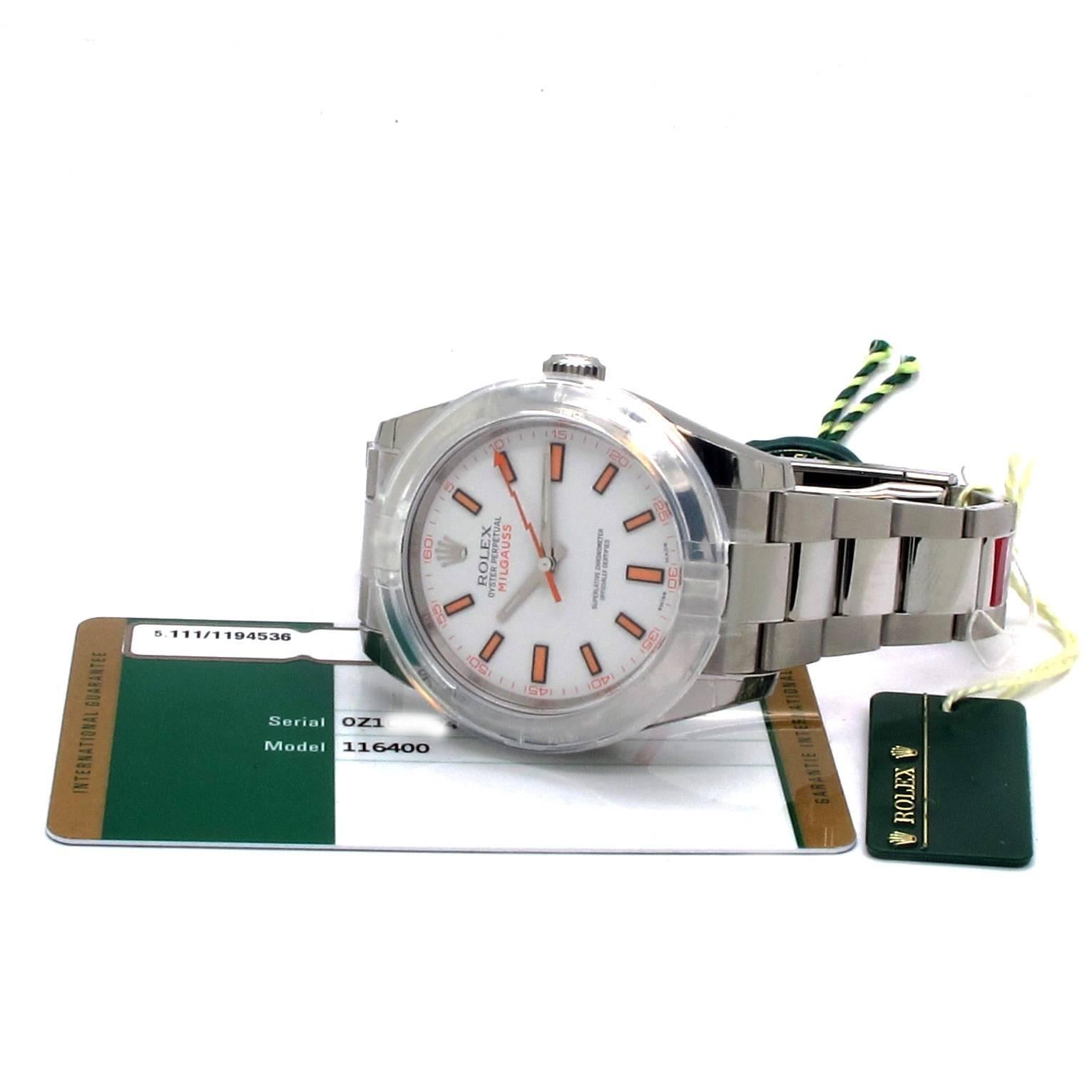 Rolex Stainless Steel Milgauss White Dial Automatic Wristwatch Ref 114600  In New Condition For Sale In New York, NY