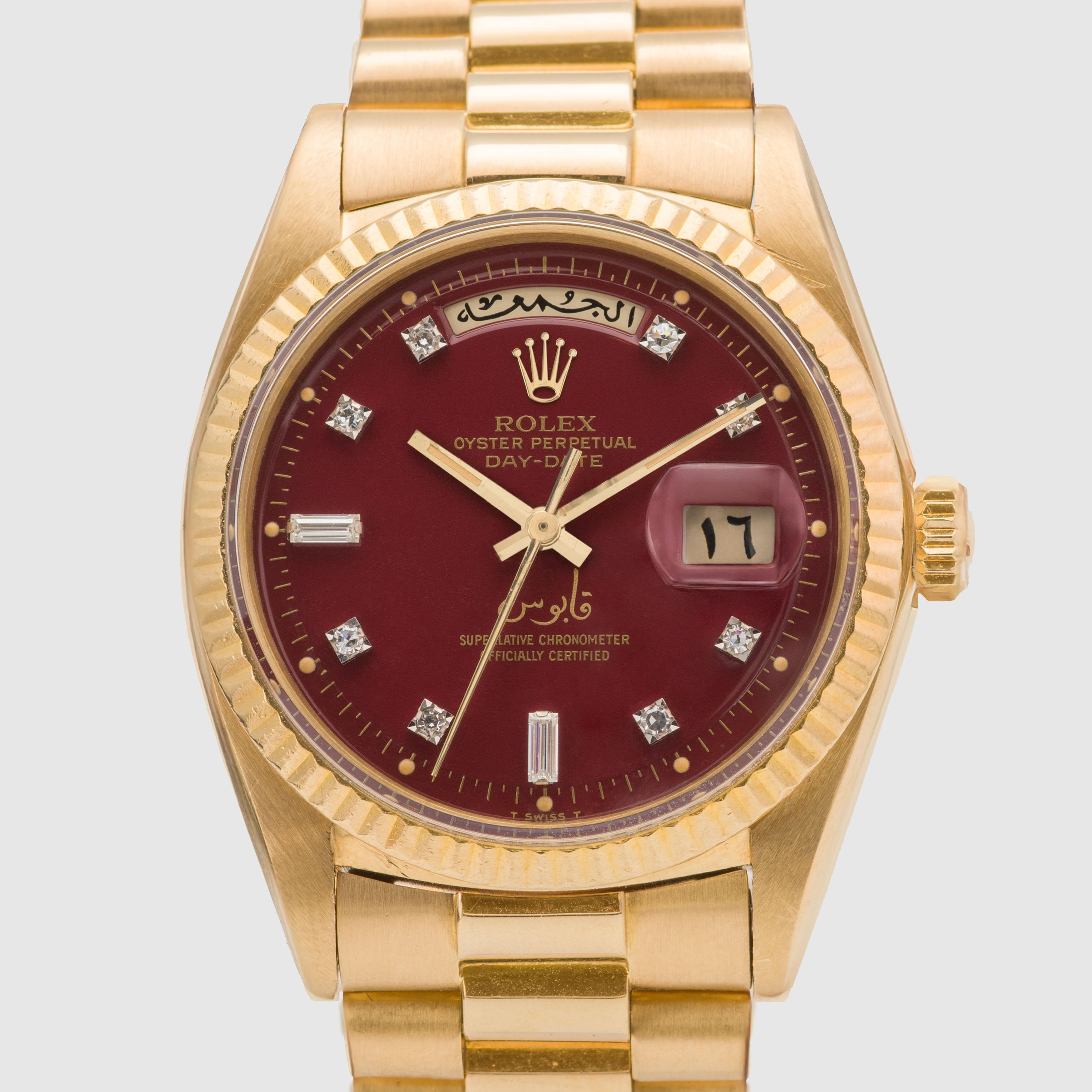 1972 Rolex Day Date Oxblood Stella 'Qaboos' Ref. 1803 im Zustand „Hervorragend“ im Angebot in Dubai, AE