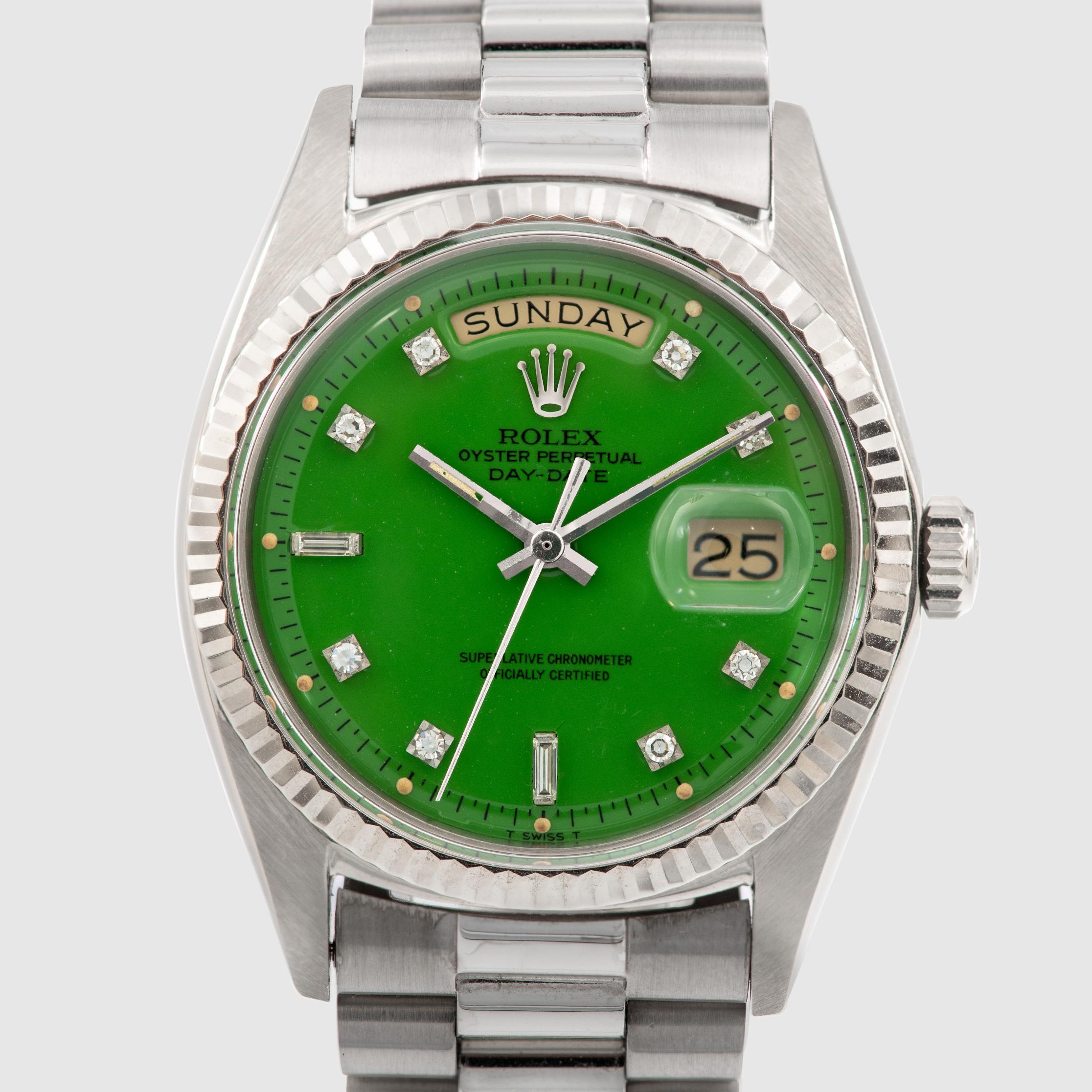 1971 Rolex Day Date WG Green Stella Diamond Dial Ref. 1803 im Zustand „Hervorragend“ im Angebot in Dubai, AE