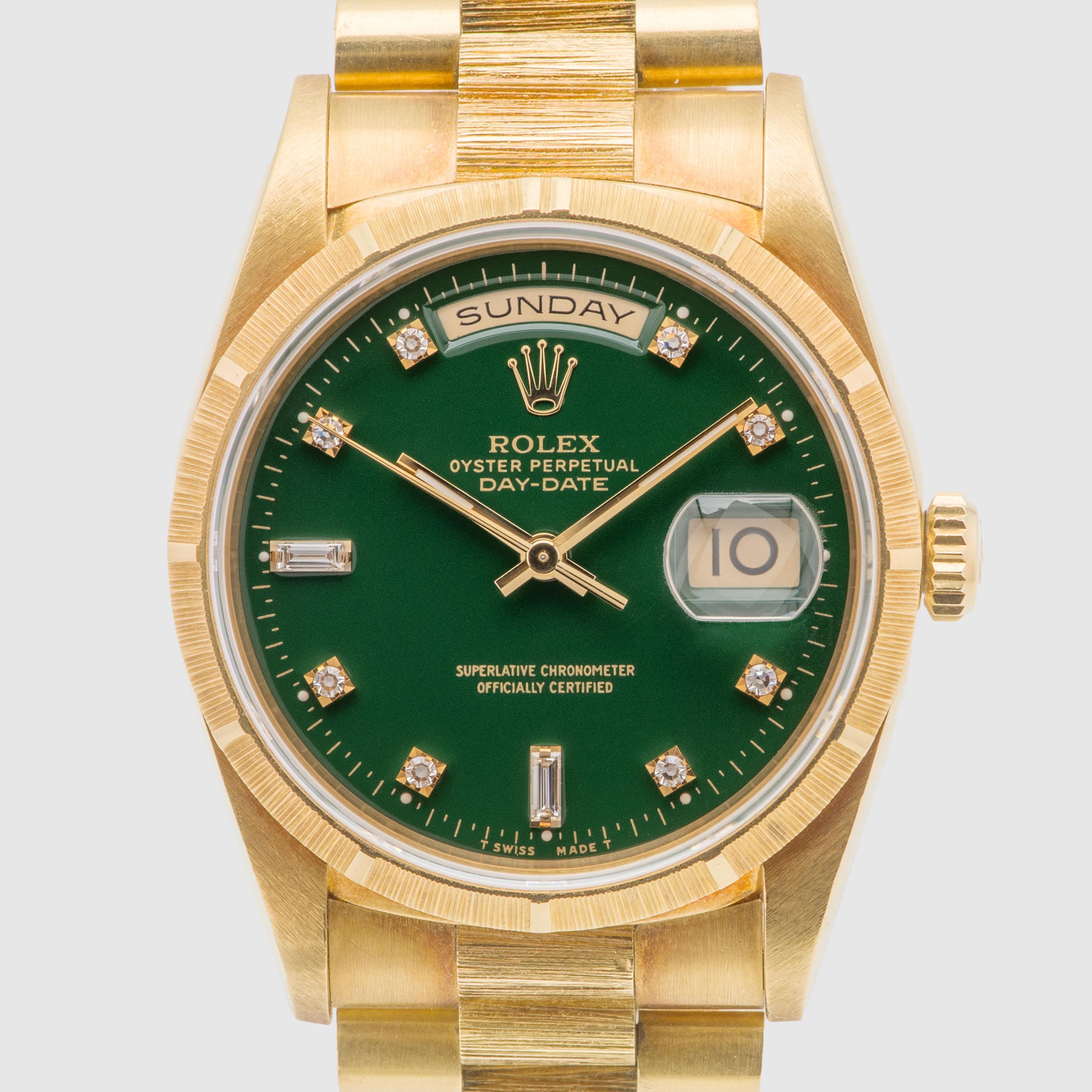 1994 Rolex Day Date British Racing Green Stella Diamond Dial Ref. 18248 im Zustand „Hervorragend“ im Angebot in Dubai, AE