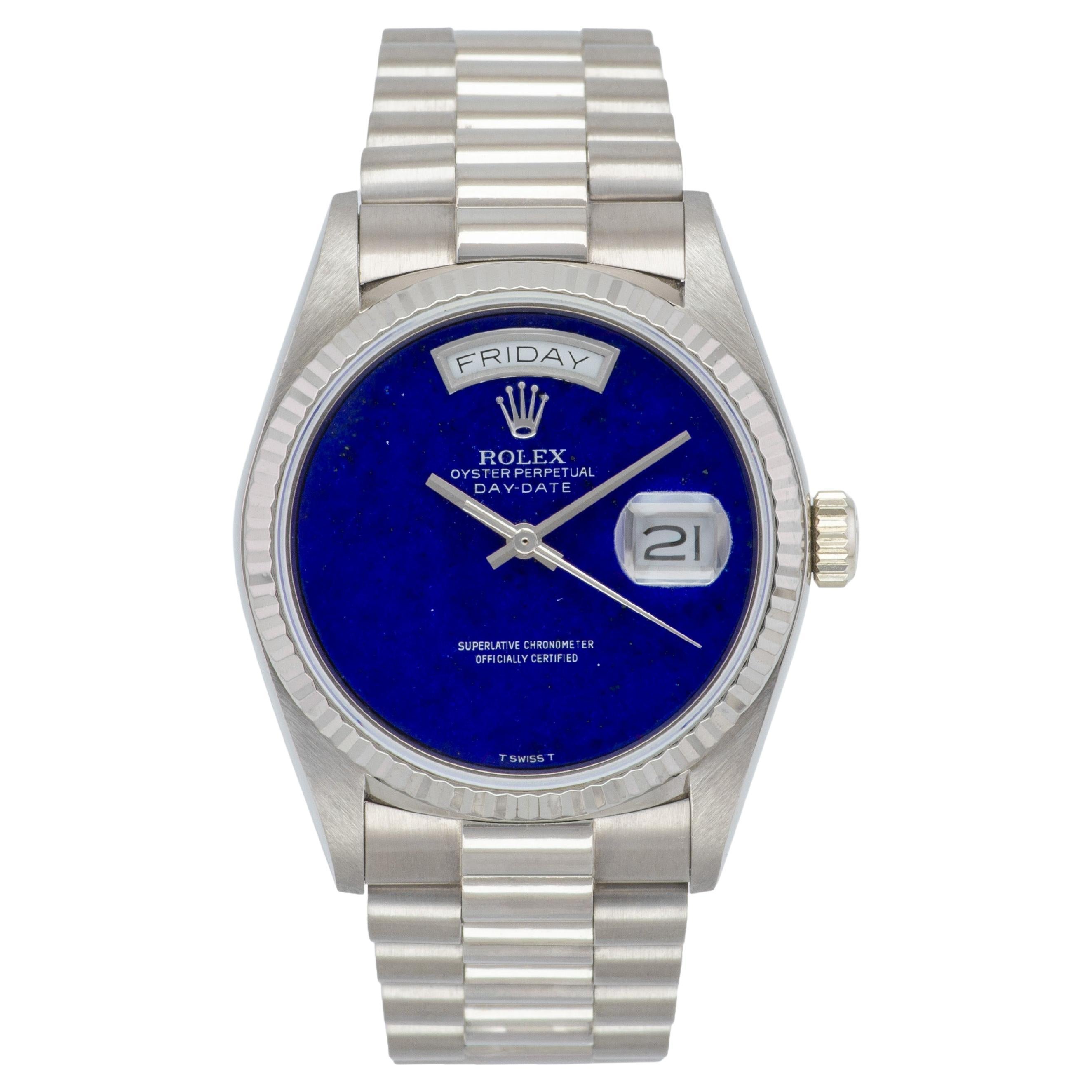 1987 Rolex Day Date Weißgold mit Lapis-Zifferblatt Ref. 18039 im Angebot