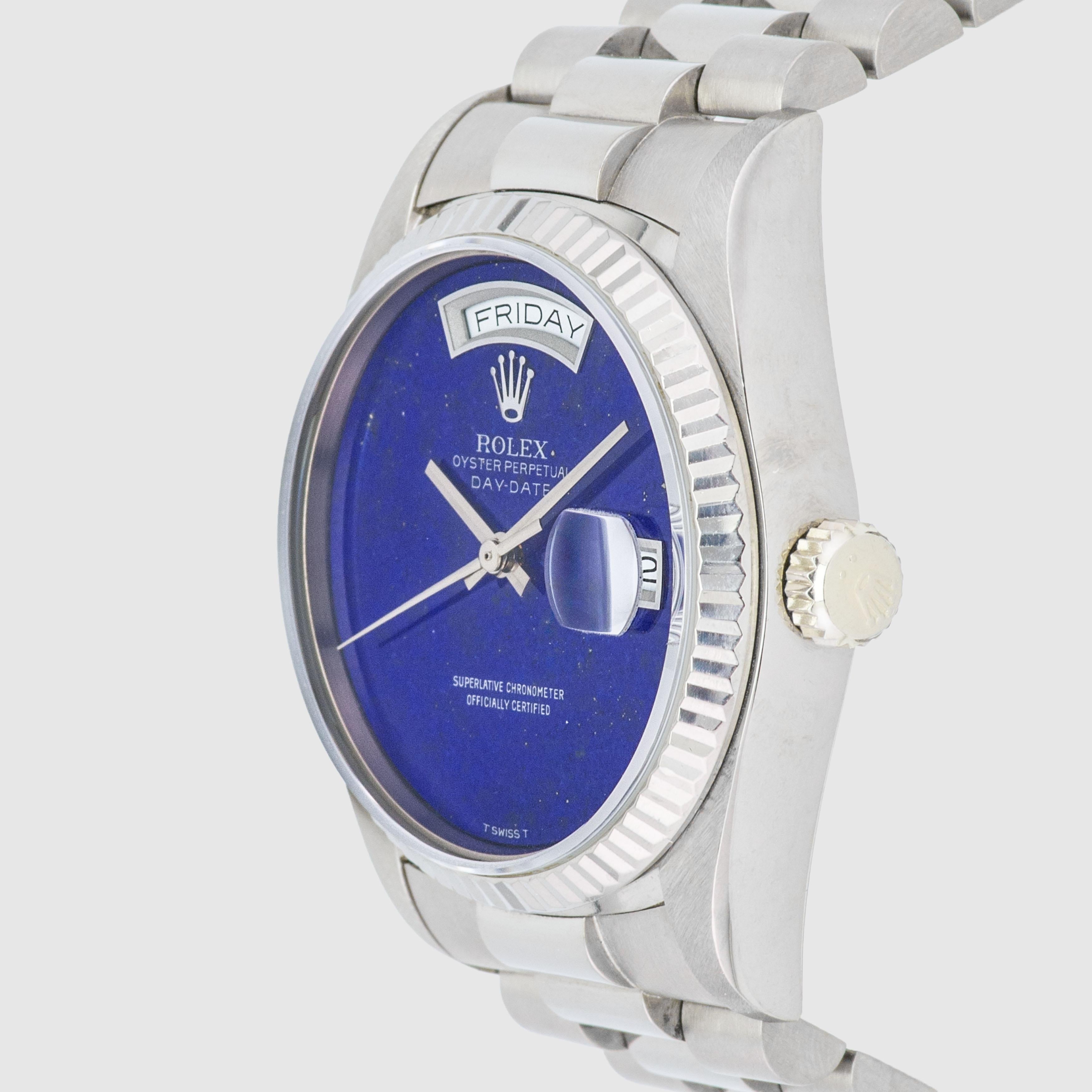 1987 Rolex Day Date Weißgold mit Lapis-Zifferblatt Ref. 18039 für Damen oder Herren im Angebot