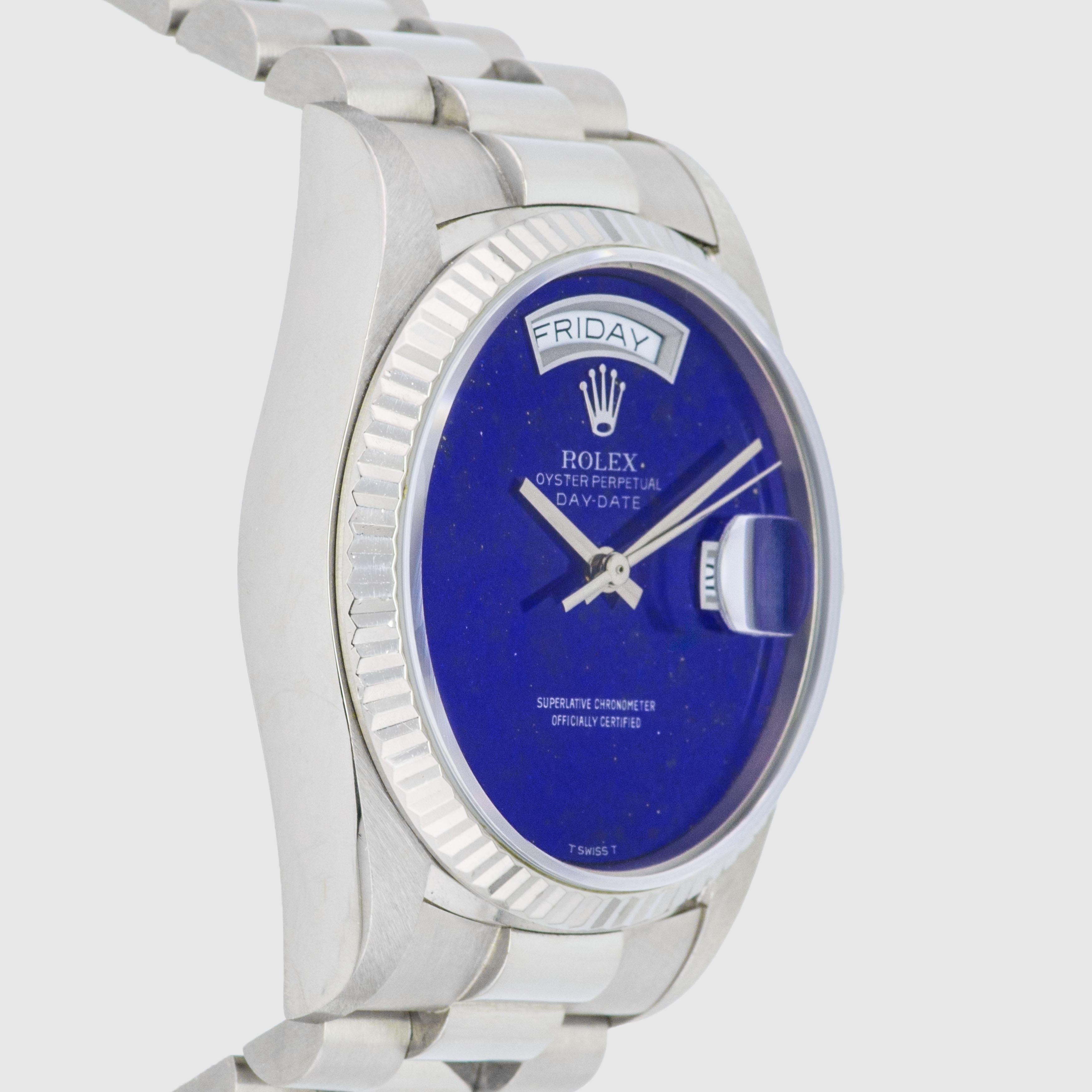 1987 Rolex Day Date Weißgold mit Lapis-Zifferblatt Ref. 18039 im Zustand „Hervorragend“ im Angebot in Dubai, AE