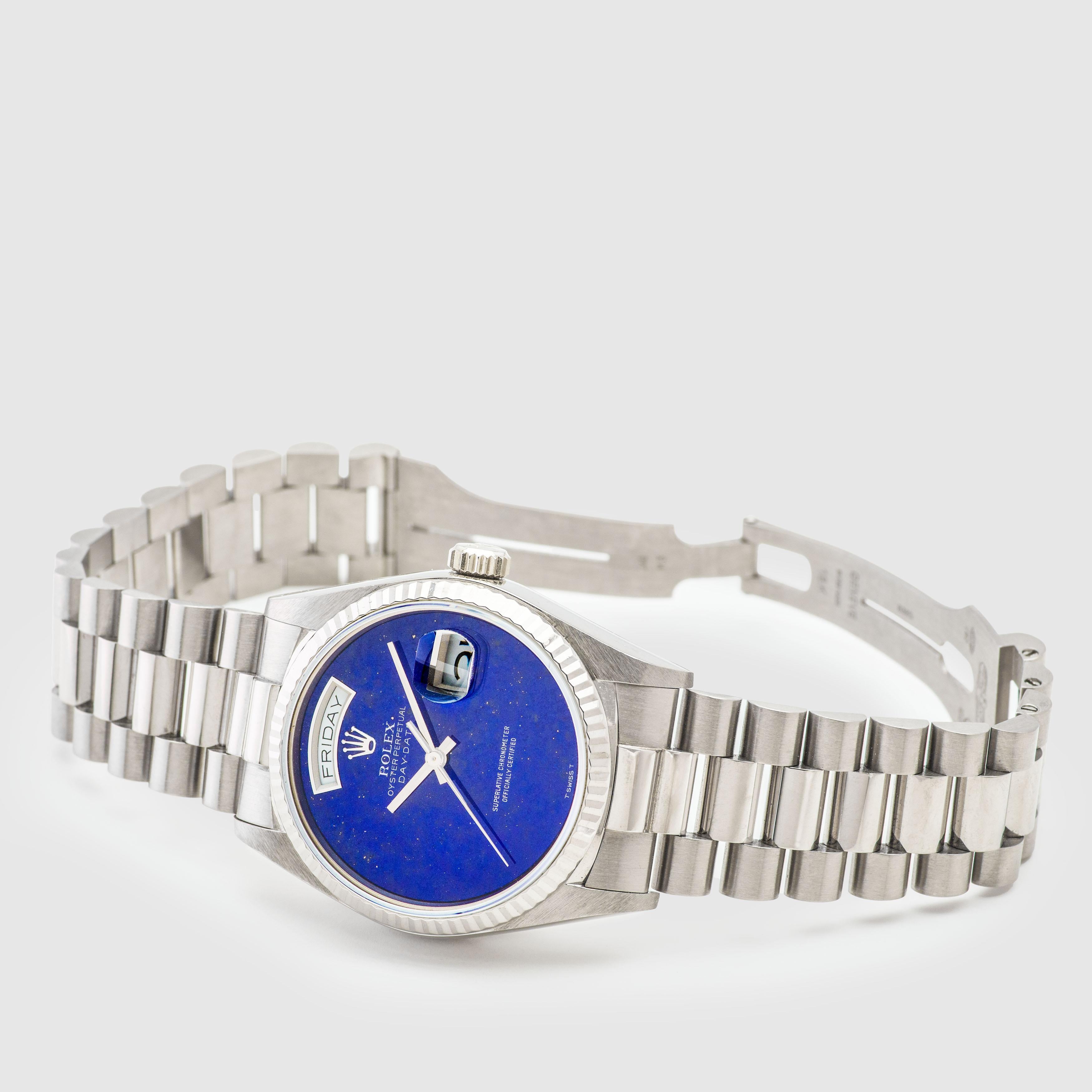 1987 Rolex Day Date Weißgold mit Lapis-Zifferblatt Ref. 18039 im Angebot 2