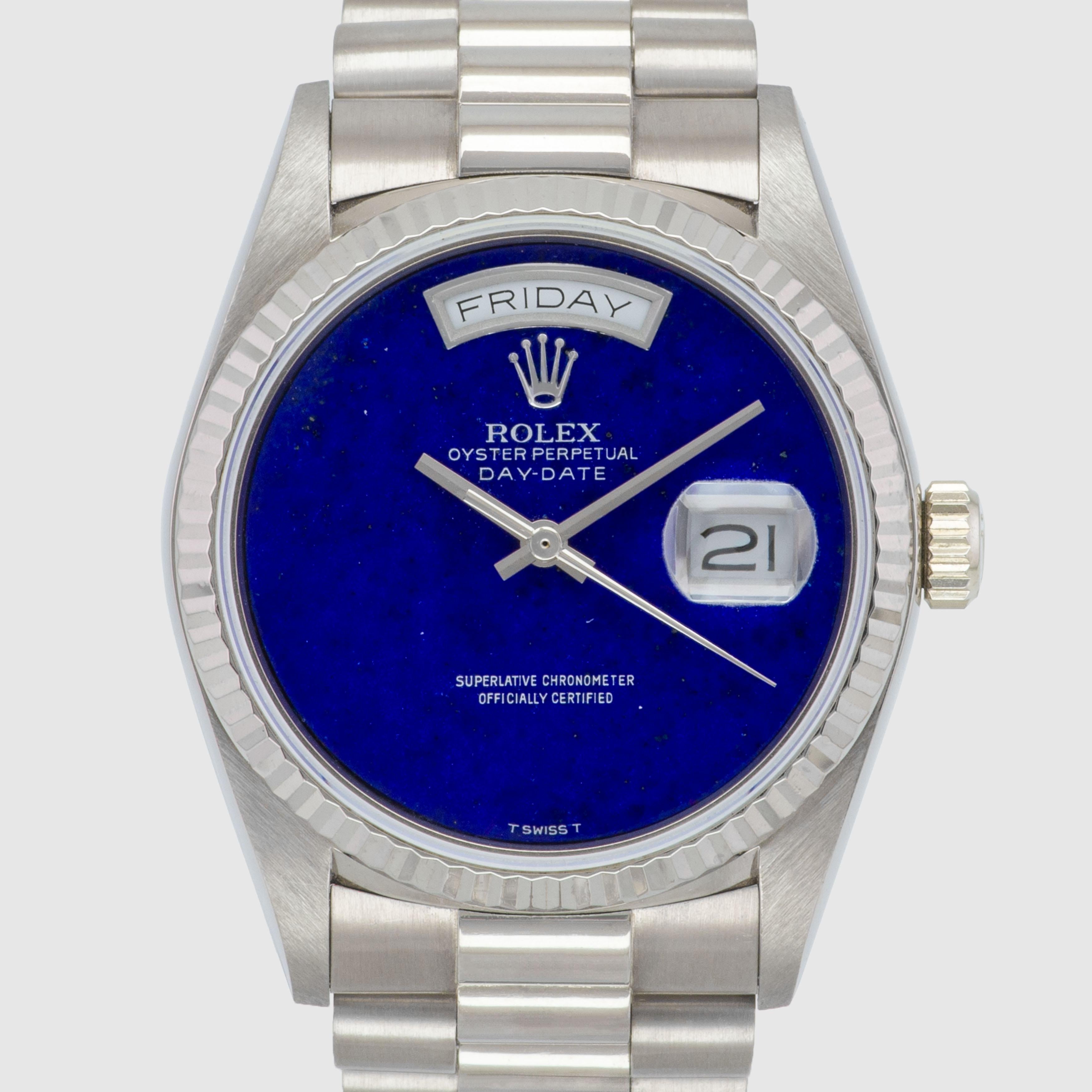 1987 Rolex Day Date Weißgold mit Lapis-Zifferblatt Ref. 18039 (Rundschliff) im Angebot