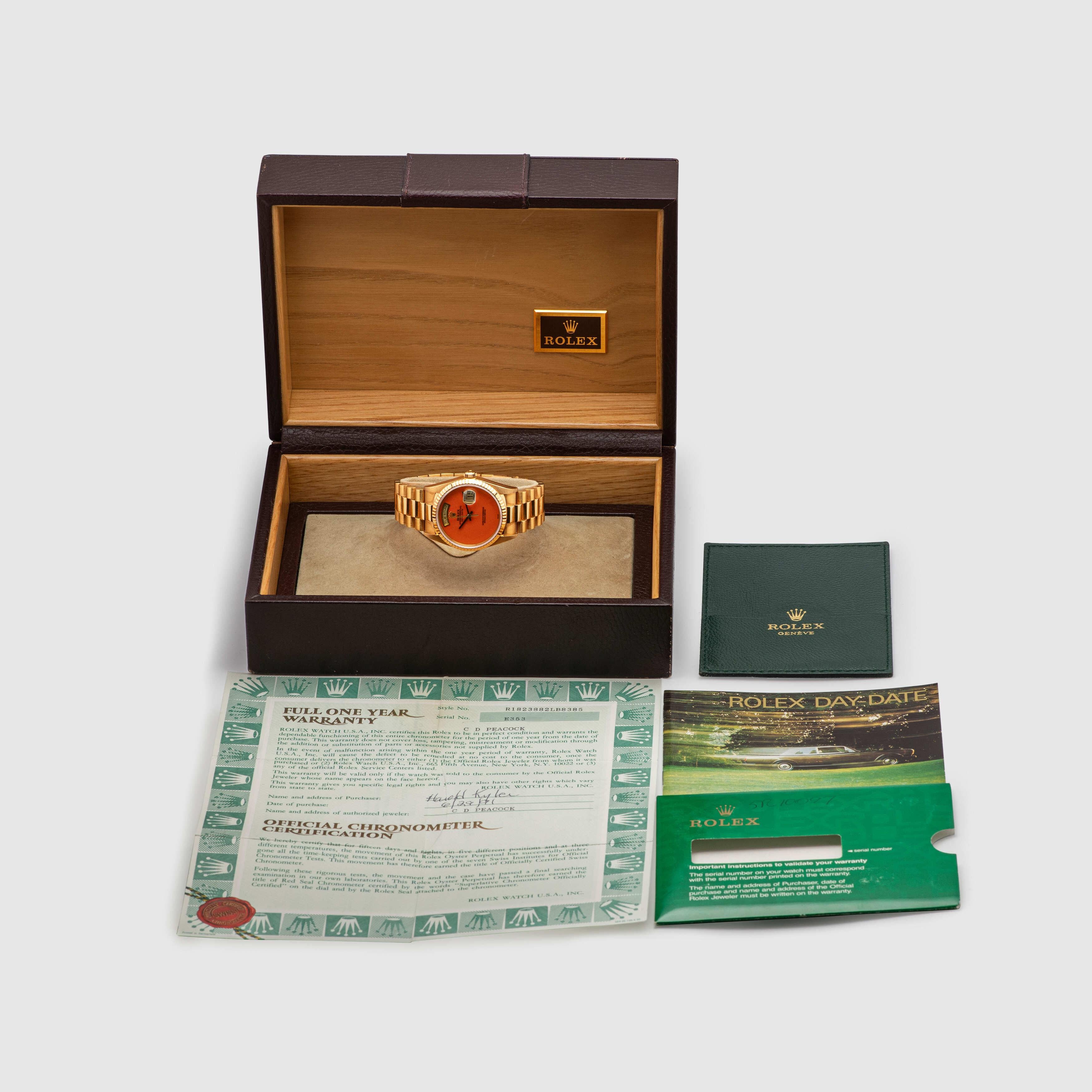 1990 Rolex Tag Datum Koralle Ref. 18238 (Vollständiger Satz) (Rundschliff) im Angebot