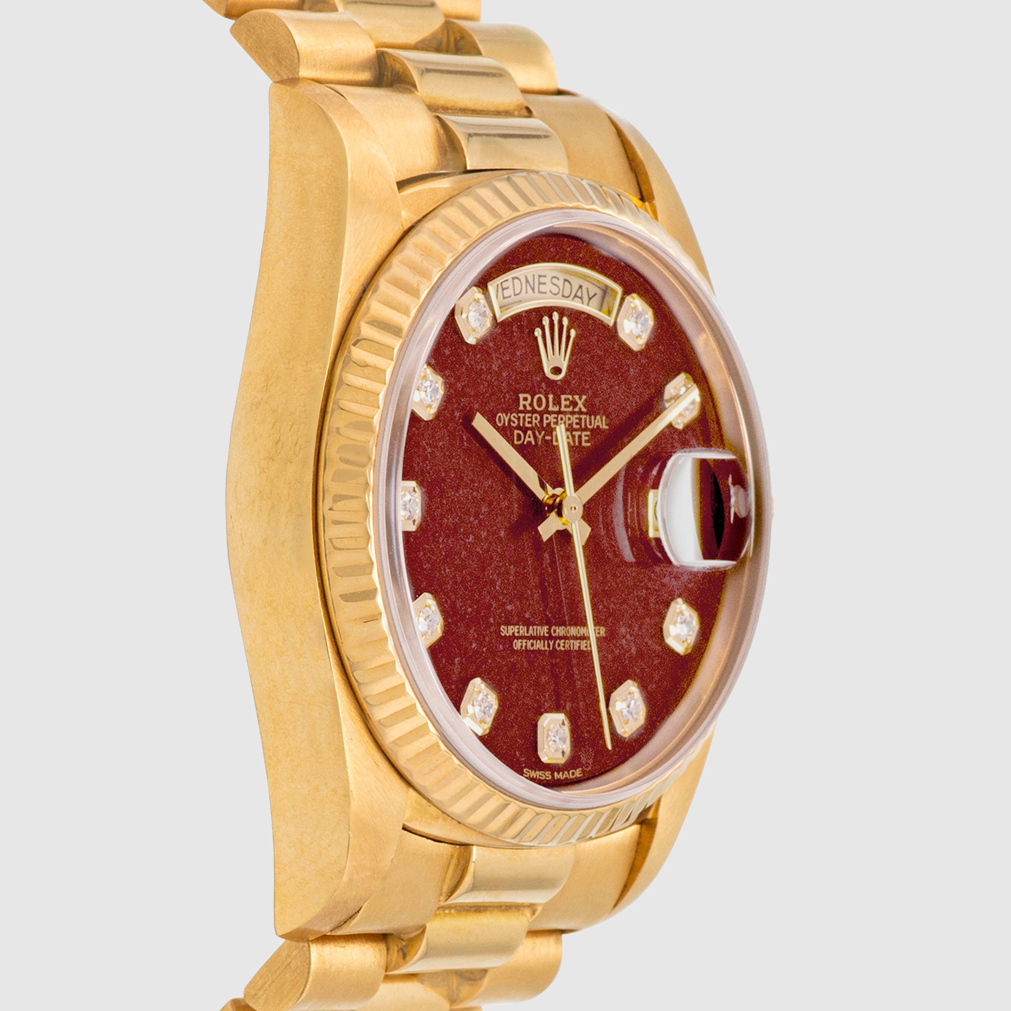 1988 Rolex Day Date Rubellite Diamond Dial Ref. 18038 im Zustand „Hervorragend“ im Angebot in Dubai, AE