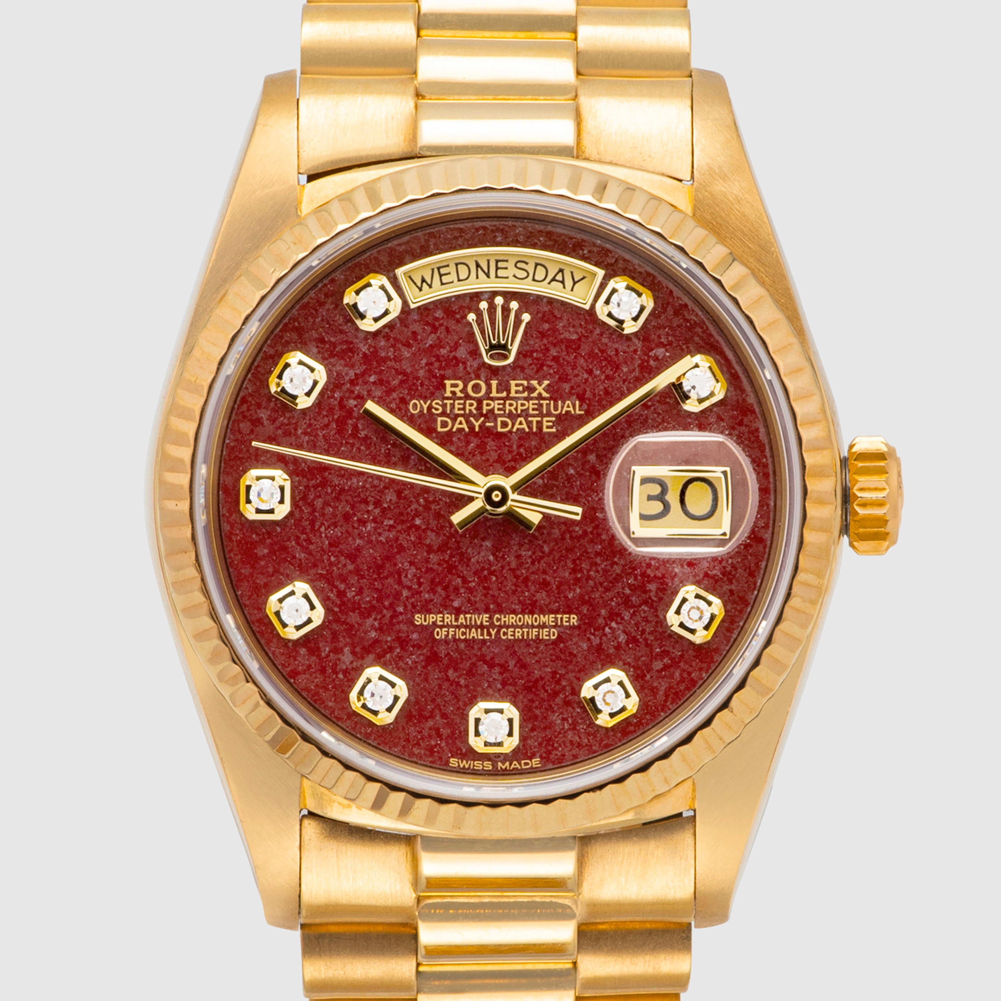 1988 Rolex Day Date Rubellite Diamond Dial Ref. 18038 (Rundschliff) im Angebot