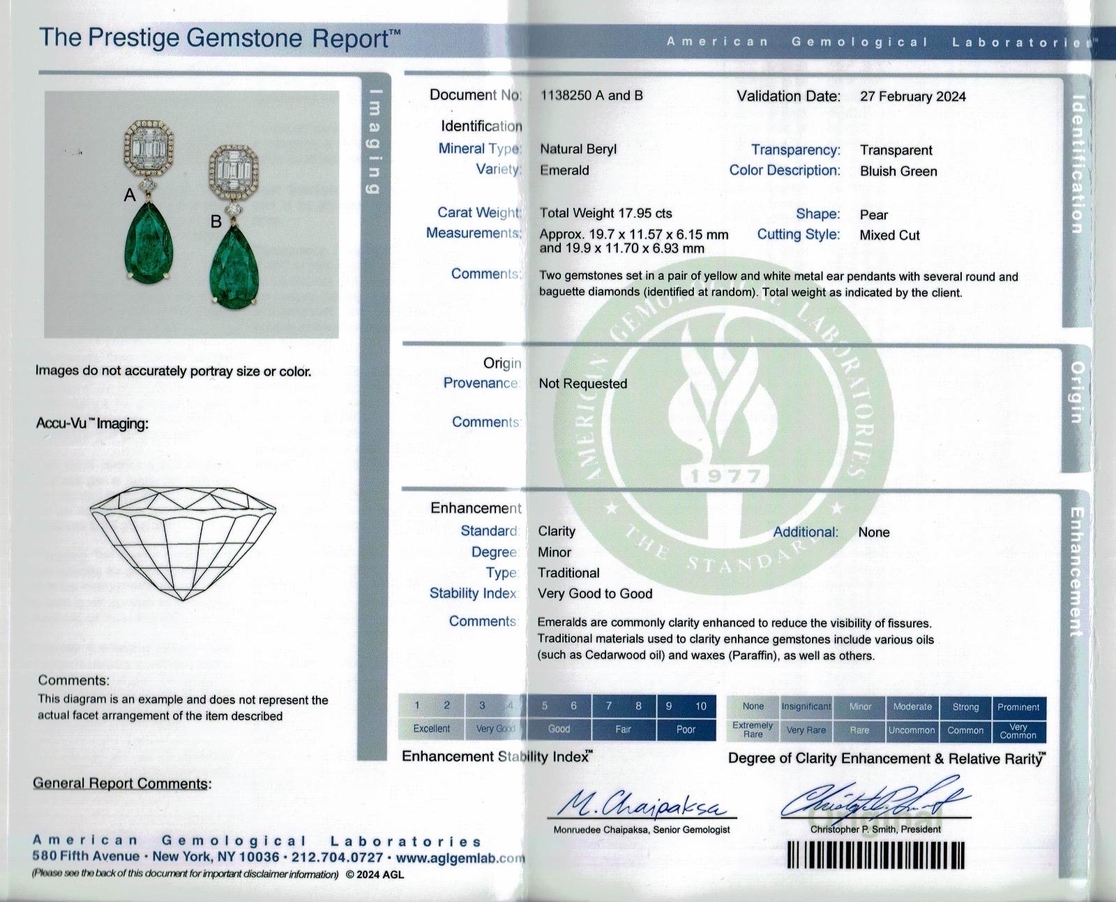 Orecchini con smeraldo e baguette da 17,45 carati certificati AGL in vendita 1