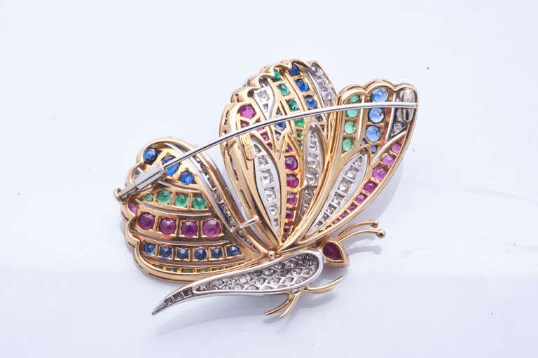Women's 1950' Italian manifacture gold, diamonds and precious stones butterfly brooch