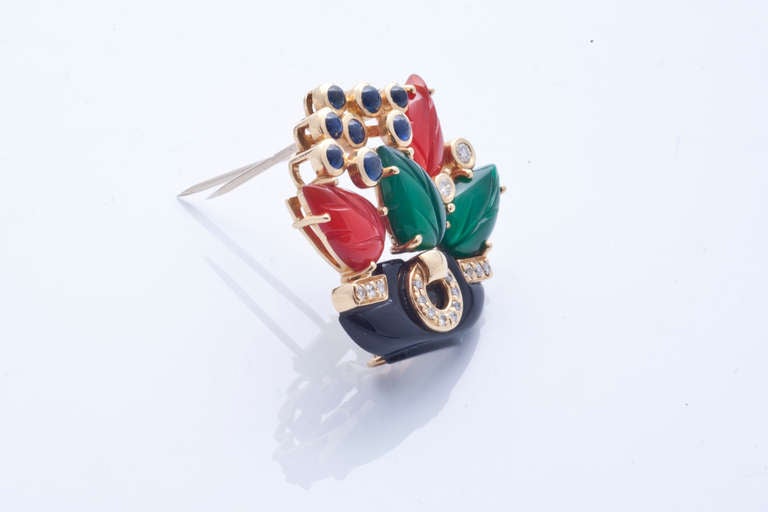 Women's Cartier diamonds, carnelian, chrysophrases, sapphires and onyx basket brooch