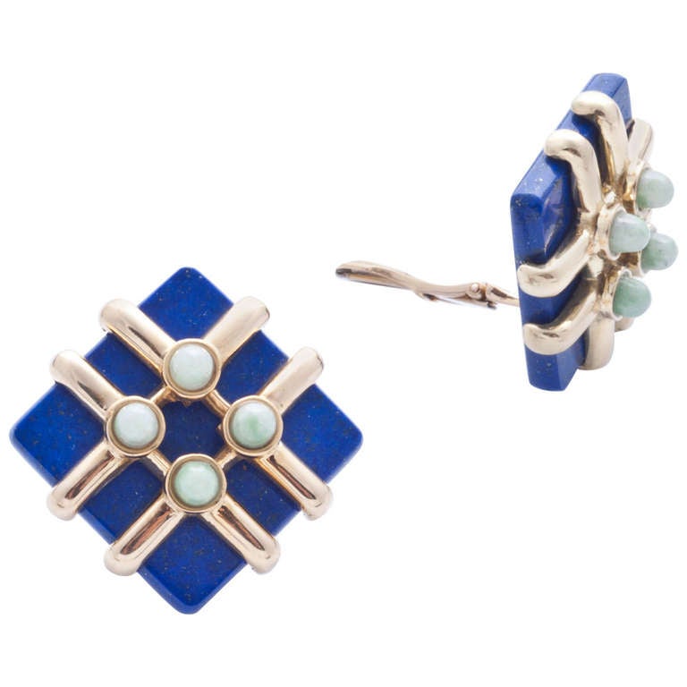 Cartier - Aldo Cipullo gold, lapis and jade earrings. 1973 For Sale