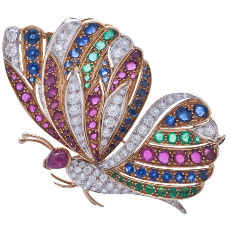 1950' Italian manifacture gold, diamonds and precious stones butterfly brooch