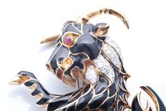 1970s David Webb Enamel Diamond and Ruby Animal with hornes Brooch