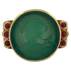 18K Yellow Gold SeidenGang Green Agate & Cabochon Ruby Cameo Ring Size 6.5