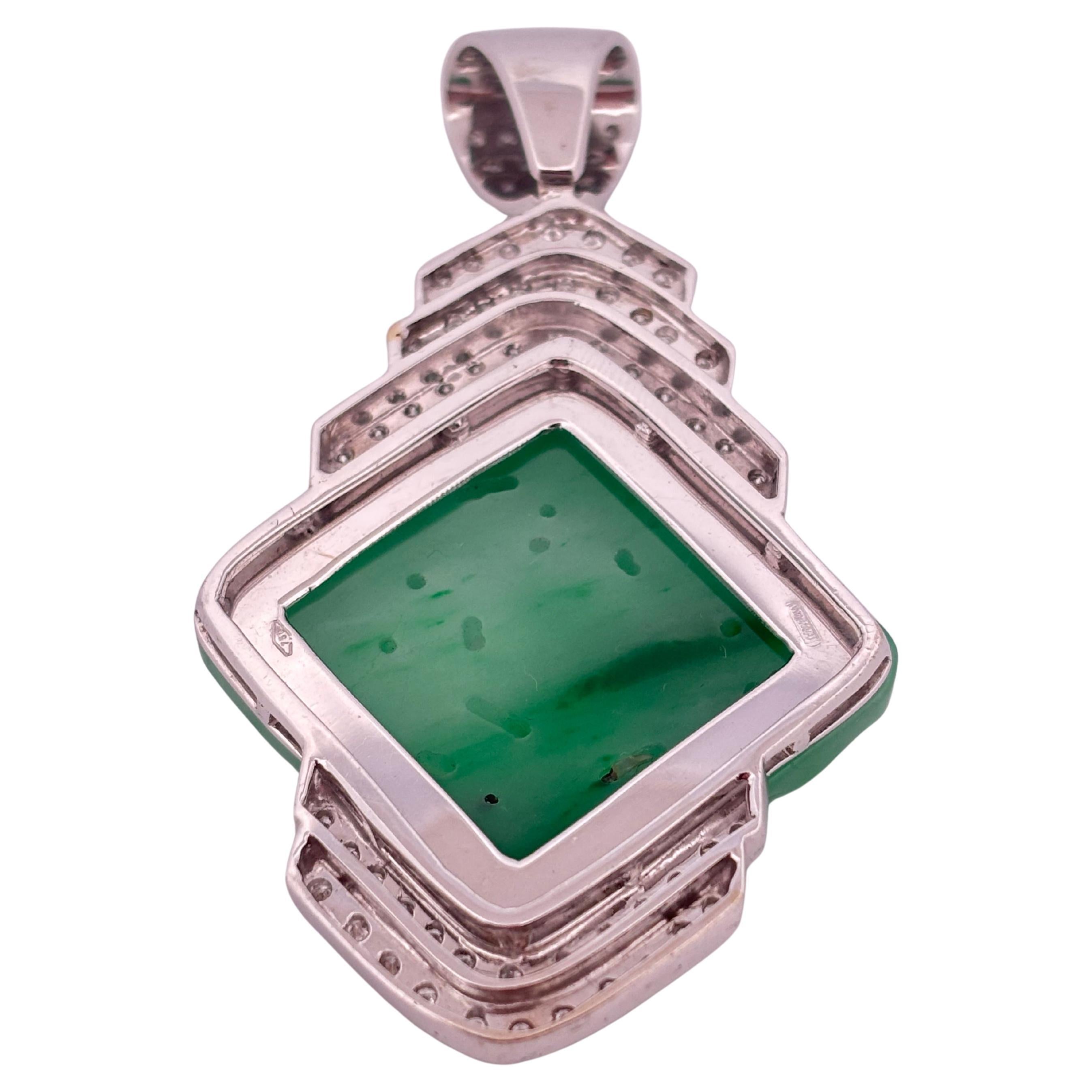 Carved Jade 18K White Gold Large 1.50 Carat Diamond Pendant For Sale 5