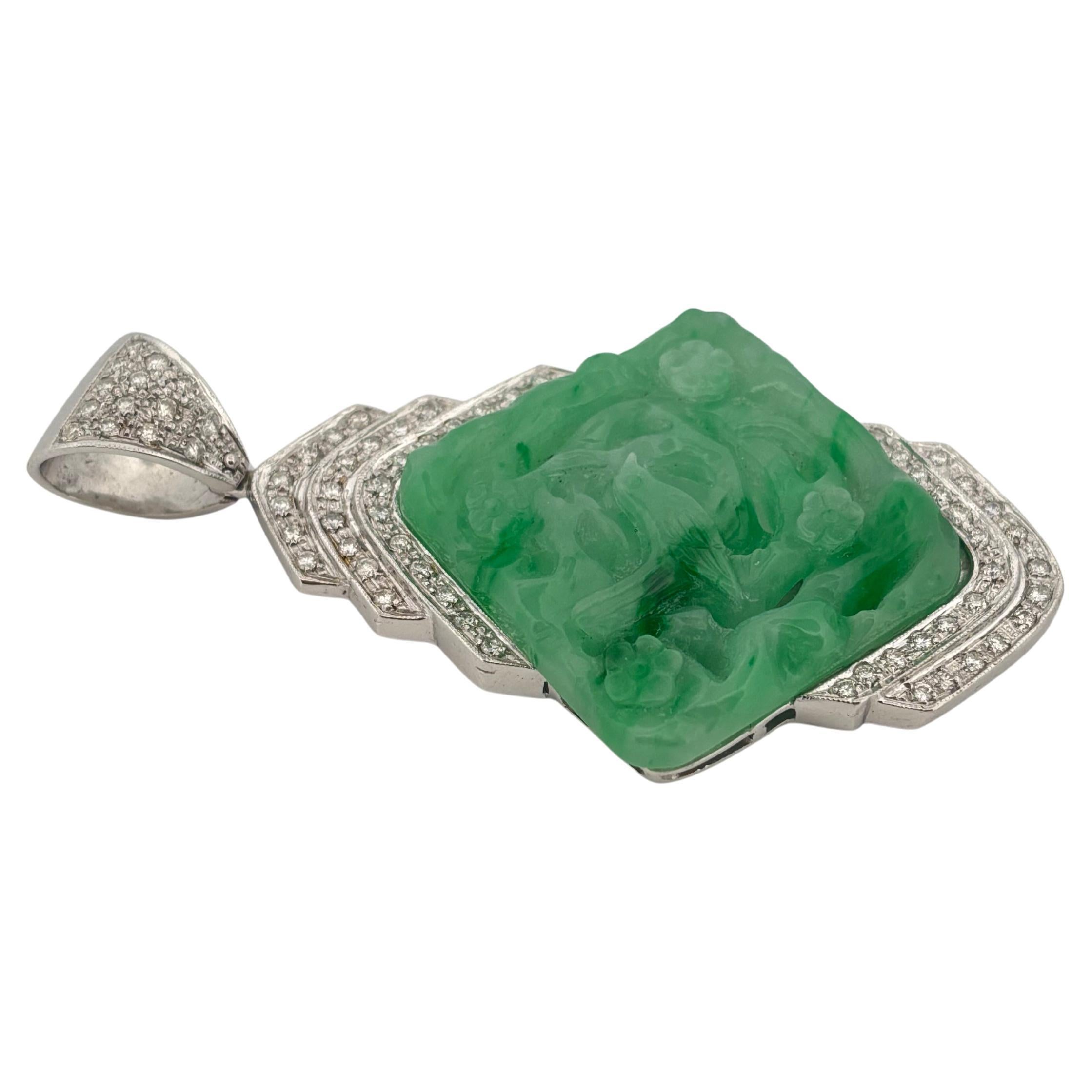 Carved Jade 18K White Gold Large 1.50 Carat Diamond Pendant For Sale 4