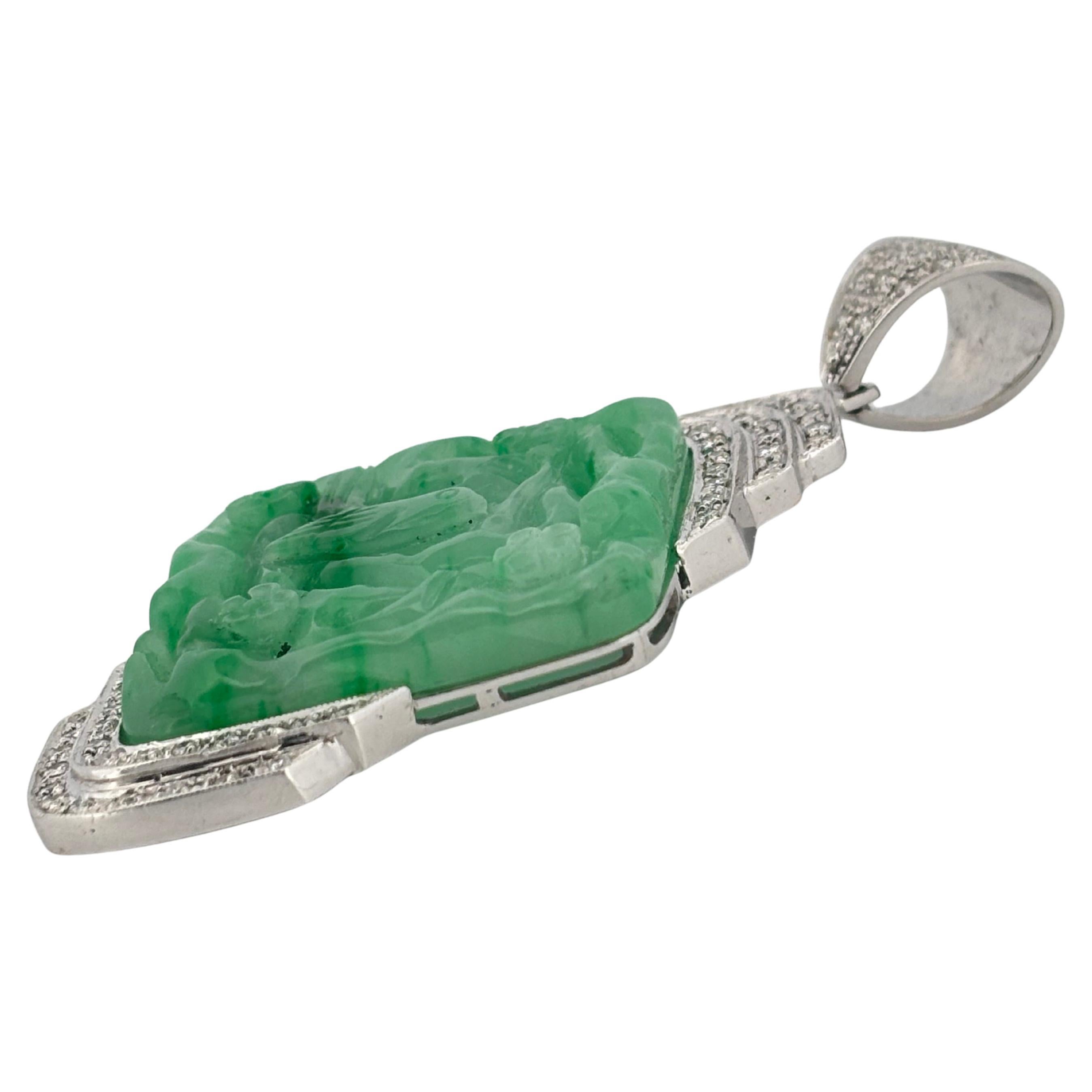 Carved Jade 18K White Gold Large 1.50 Carat Diamond Pendant For Sale 3