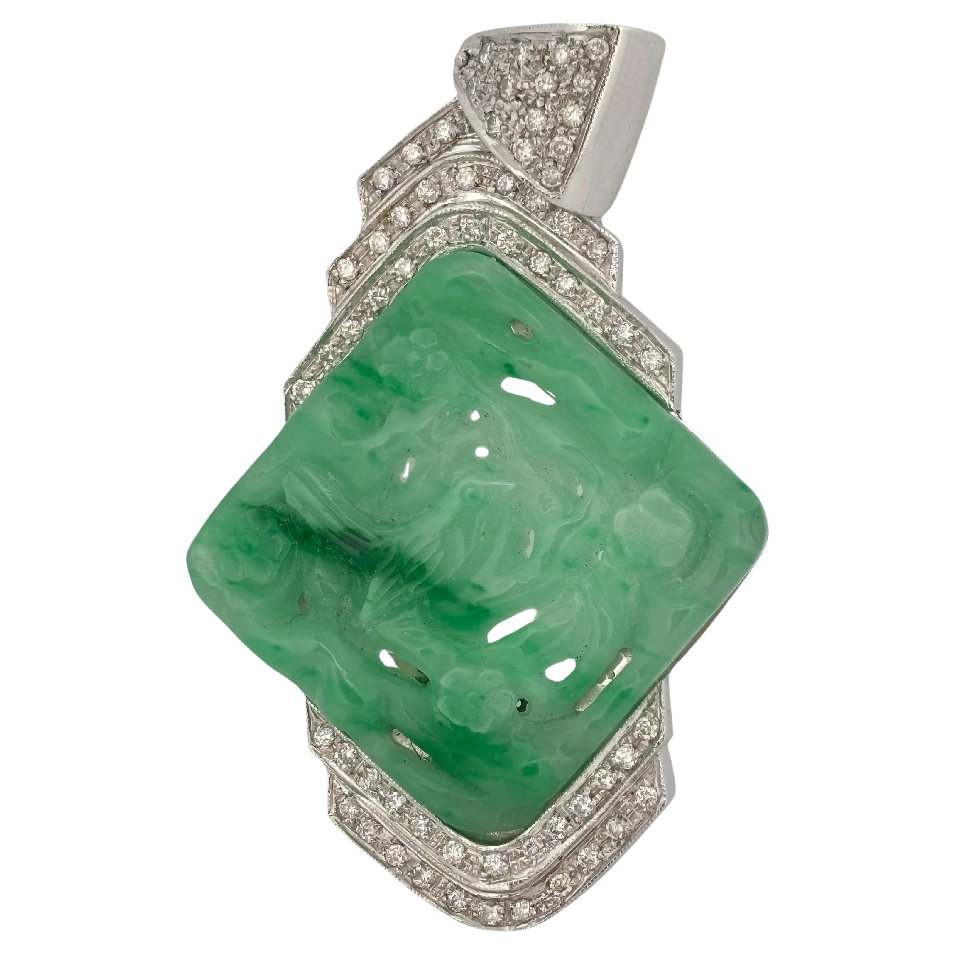 Round Cut Carved Jade 18K White Gold Large 1.50 Carat Diamond Pendant For Sale
