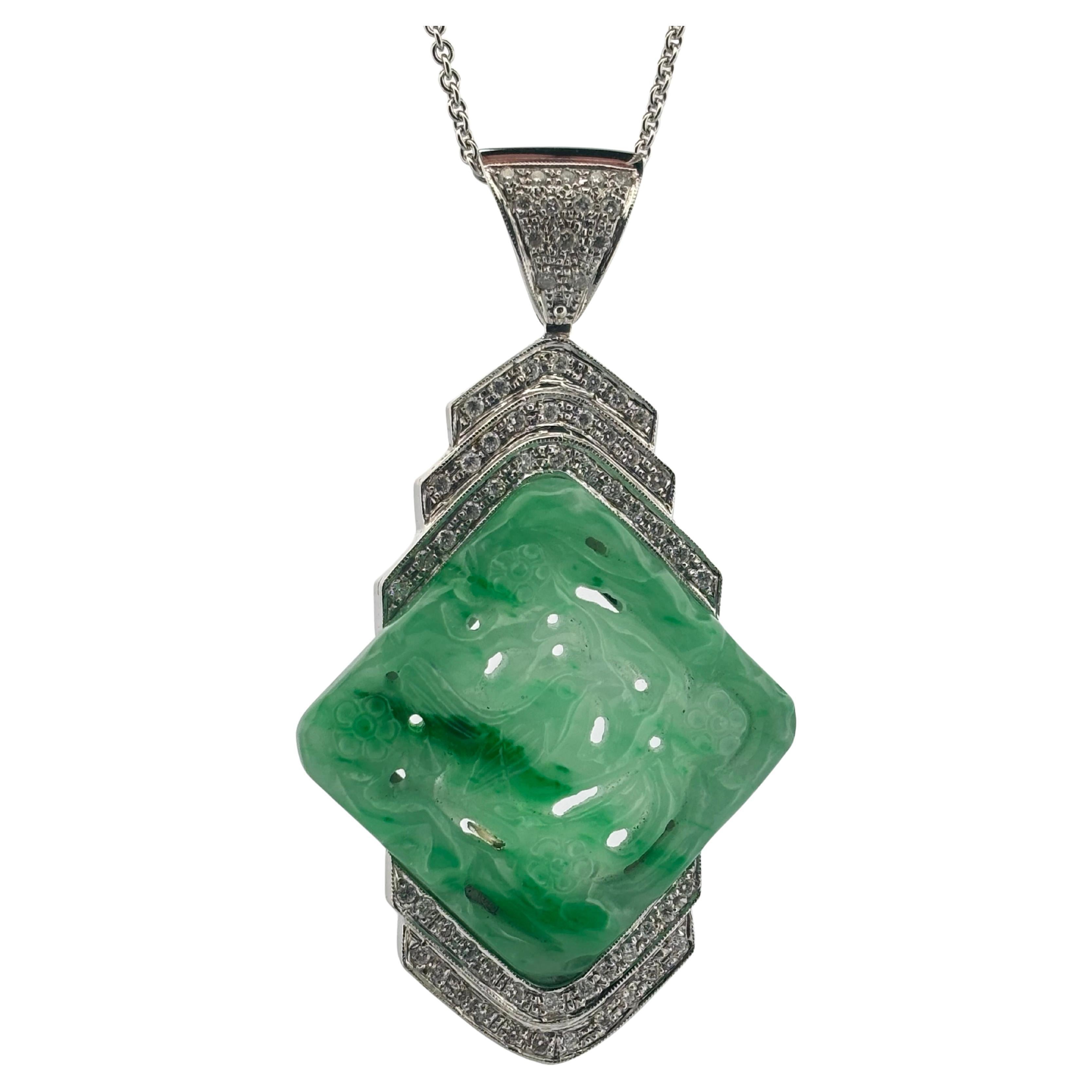 Modernist Carved Jade 18K White Gold Large 1.50 Carat Diamond Pendant For Sale