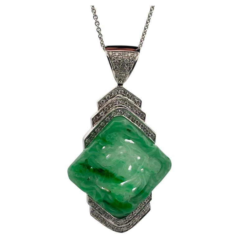 Carved Jade 18K White Gold Large Carat Diamond Pendant For